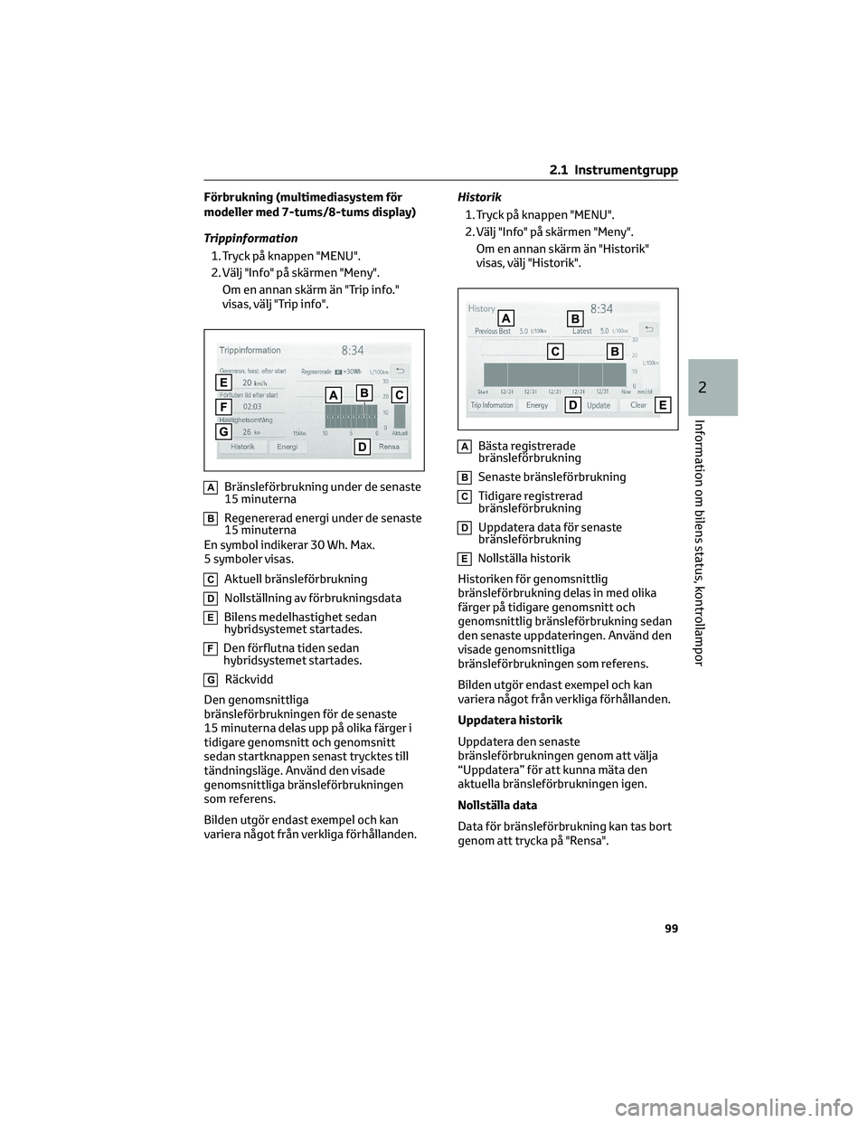 TOYOTA YARIS CROSS 2021  Bruksanvisningar (in Swedish) Förbrukning (multimediasystem för
modeller med 7-tums/8-tums display)
Trippinformation
1. Tryck på knappen "MENU".
2. Välj "Info" på skärmen "Meny".
Om en annan skärm ä