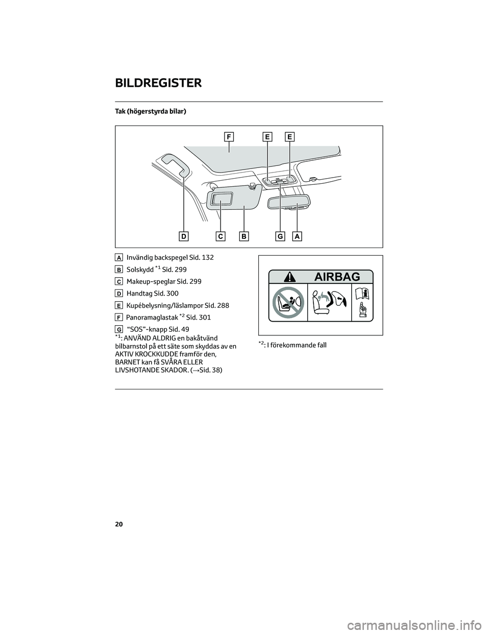 TOYOTA YARIS CROSS 2021 Bruksanvisningar (in Swedish) Tak (högerstyrda bilar)
AInvändig backspegel Sid. 132
BSolskydd*1Sid. 299
CMakeup-speglar Sid. 299
DHandtag Sid. 300
EKupébelysning/läslampor Sid. 288
FPanoramaglastak*2Sid. 301
G“SOS”-knapp S TOYOTA YARIS CROSS 2021 Bruksanvisningar (in Swedish) Tak (högerstyrda bilar)
AInvändig backspegel Sid. 132
BSolskydd*1Sid. 299
CMakeup-speglar Sid. 299
DHandtag Sid. 300
EKupébelysning/läslampor Sid. 288
FPanoramaglastak*2Sid. 301
G“SOS”-knapp S