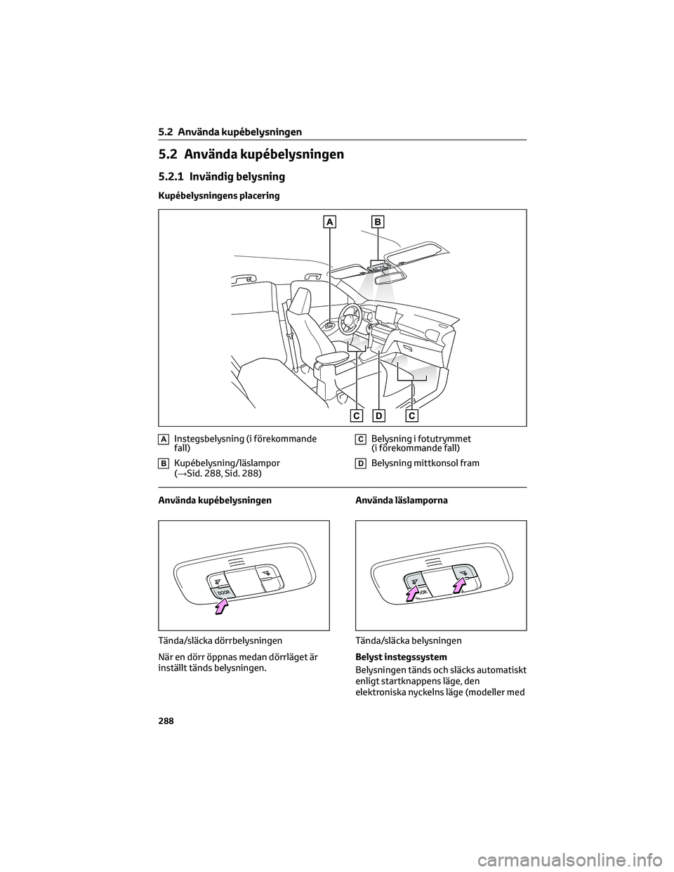 TOYOTA YARIS CROSS 2021  Bruksanvisningar (in Swedish) 5.2 Använda kupébelysningen
5.2.1 Invändig belysning
Kupébelysningens placering
AInstegsbelysning (i förekommande
fall)
BKupébelysning/läslampor
(→Sid. 288, Sid. 288)
CBelysning i fotutrymmet