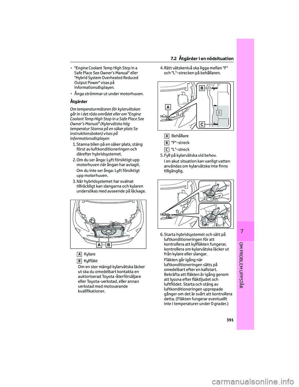 TOYOTA YARIS CROSS 2021 Bruksanvisningar (in Swedish) •"Engine Coolant Temp High Stop in a
Safe Place See Owner’s Manual" eller
"Hybrid System Overheated Reduced
Output Power" visas på
informationsdisplayen.
• Ånga strömmar ut un TOYOTA YARIS CROSS 2021 Bruksanvisningar (in Swedish) •"Engine Coolant Temp High Stop in a
Safe Place See Owner’s Manual" eller
"Hybrid System Overheated Reduced
Output Power" visas på
informationsdisplayen.
• Ånga strömmar ut un