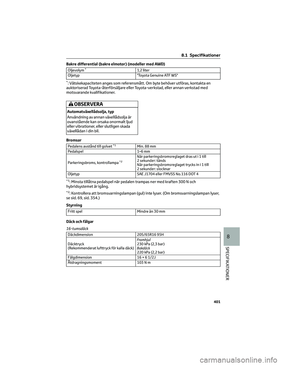 TOYOTA YARIS CROSS 2021 Bruksanvisningar (in Swedish) Bakre differential (bakre elmotor) (modeller med AWD)
Oljevolym*1,2 liter
Oljetyp "Toyota Genuine ATF WS"
*: Vätskekapaciteten anges som referensmått. Om byte behöver utföras, kontakta en
TOYOTA YARIS CROSS 2021 Bruksanvisningar (in Swedish) Bakre differential (bakre elmotor) (modeller med AWD)
Oljevolym*1,2 liter
Oljetyp "Toyota Genuine ATF WS"
*: Vätskekapaciteten anges som referensmått. Om byte behöver utföras, kontakta en