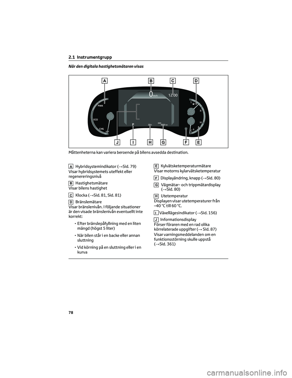 TOYOTA YARIS CROSS 2021 Bruksanvisningar (in Swedish) När den digitala hastighetsmätaren visas
AHybridsystemindikator (→Sid. 79)
Visar hybridsystemets uteffekt eller
regenereringsnivå
BHastighetsmätare
Visar bilens hastighet
CKlocka (→Sid. 81, Si TOYOTA YARIS CROSS 2021 Bruksanvisningar (in Swedish) När den digitala hastighetsmätaren visas
AHybridsystemindikator (→Sid. 79)
Visar hybridsystemets uteffekt eller
regenereringsnivå
BHastighetsmätare
Visar bilens hastighet
CKlocka (→Sid. 81, Si