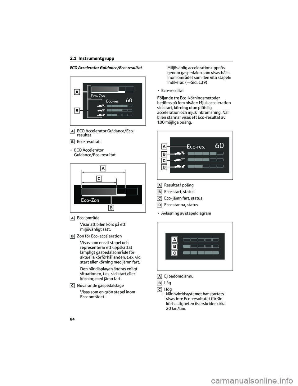 TOYOTA YARIS CROSS 2021 Bruksanvisningar (in Swedish) ECO Accelerator Guidance/Eco-resultat
AECO Accelerator Guidance/Eco-
resultat
BEco-resultat
• ECO Accelerator
Guidance/Eco-resultat
AEco-område
Visar att bilen körs på ett
miljövänligt sätt.
B TOYOTA YARIS CROSS 2021 Bruksanvisningar (in Swedish) ECO Accelerator Guidance/Eco-resultat
AECO Accelerator Guidance/Eco-
resultat
BEco-resultat
• ECO Accelerator
Guidance/Eco-resultat
AEco-område
Visar att bilen körs på ett
miljövänligt sätt.
B