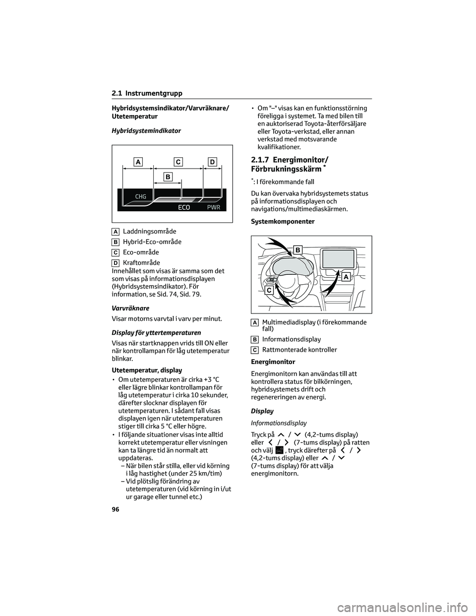 TOYOTA YARIS CROSS 2021 Bruksanvisningar (in Swedish) Hybridsystemsindikator/Varvräknare/
Utetemperatur
Hybridsystemindikator
ALaddningsområde
BHybrid-Eco-område
CEco-område
DKraftområde
Innehållet som visas är samma som det
som visas på informat TOYOTA YARIS CROSS 2021 Bruksanvisningar (in Swedish) Hybridsystemsindikator/Varvräknare/
Utetemperatur
Hybridsystemindikator
ALaddningsområde
BHybrid-Eco-område
CEco-område
DKraftområde
Innehållet som visas är samma som det
som visas på informat