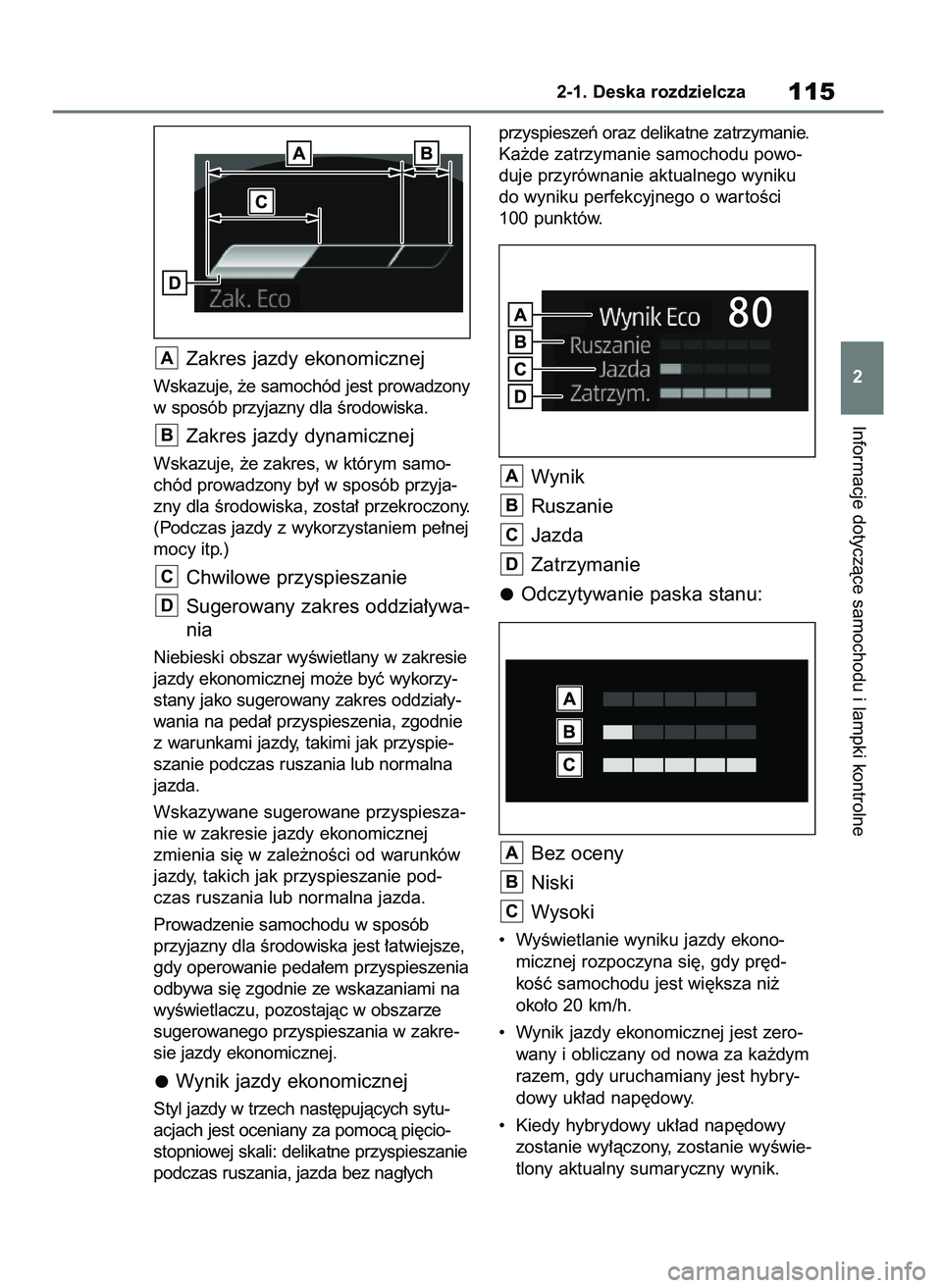TOYOTA YARIS CROSS 2021  Instrukcja obsługi (in Polish) Zakres jazdy ekonomicznej
Wskazuje, ˝e samochód jest prowadzony
w sposób przyjazny dla Êrodowiska.
Zakres jazdy dynamicznej
Wskazuje, ˝e zakres, w którym samo-
chód prowadzony by∏ w sposób p