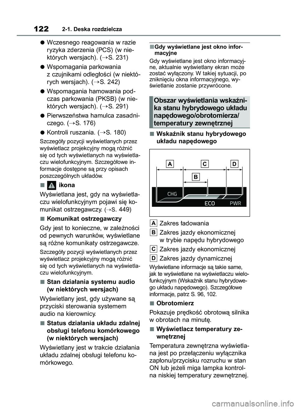 TOYOTA YARIS CROSS 2021  Instrukcja obsługi (in Polish) Wczesnego reagowania w razie
ryzyka zderzenia (PCS) (w nie-
których wersjach). (
S. 231)
Wspomagania parkowania
z czujnikami odleg∏oÊci (w niektó-
rych wersjach). (
S. 242)
Wspomagania hamowani
