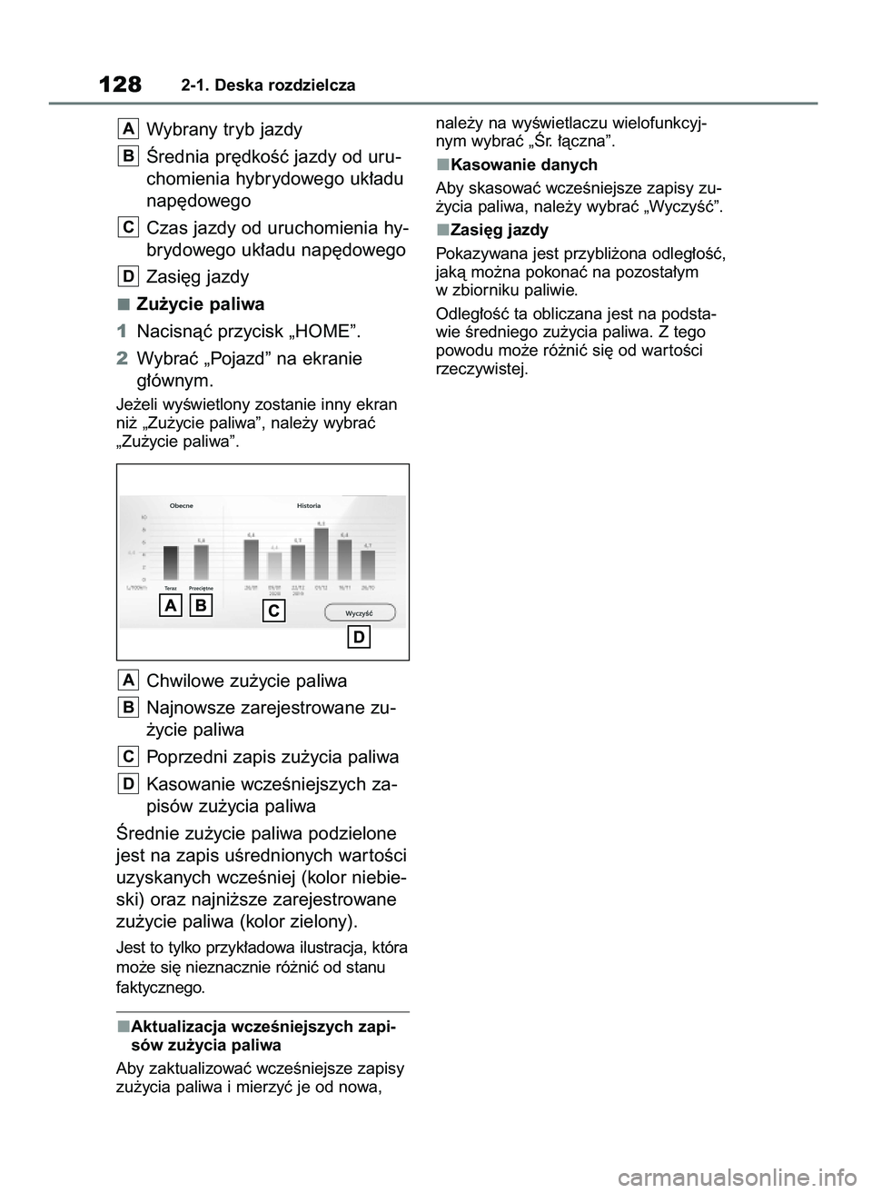 TOYOTA YARIS CROSS 2021  Instrukcja obsługi (in Polish) Wybrany tryb jazdy
Ârednia pr´dkoÊç jazdy od uru-
chomienia hybrydowego uk∏adu
nap´dowego
Czas jazdy od uruchomienia hy-
brydowego uk∏adu nap´dowego
Zasi´g jazdy
Zu˝ycie paliwa
1Nacisnàç
