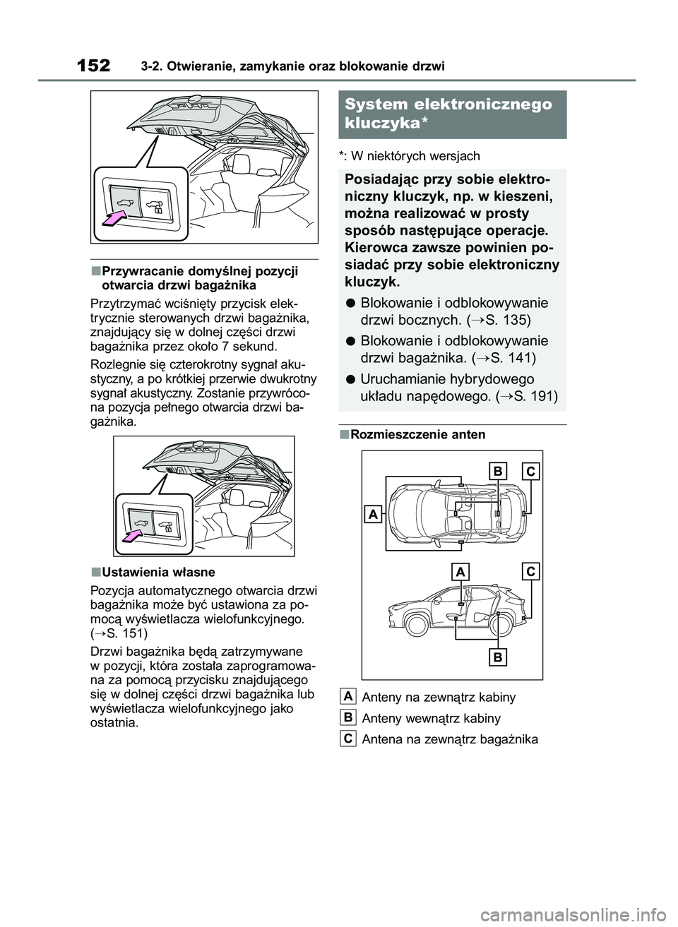 TOYOTA YARIS CROSS 2021  Instrukcja obsługi (in Polish) Przywracanie domyÊlnej pozycji
otwarcia drzwi baga˝nika
Przytrzymaç wciÊni´ty przycisk elek-
trycznie sterowanych drzwi baga˝nika,
znajdujàcy si´ w dolnej cz´Êci drzwi 
baga˝nika przez oko