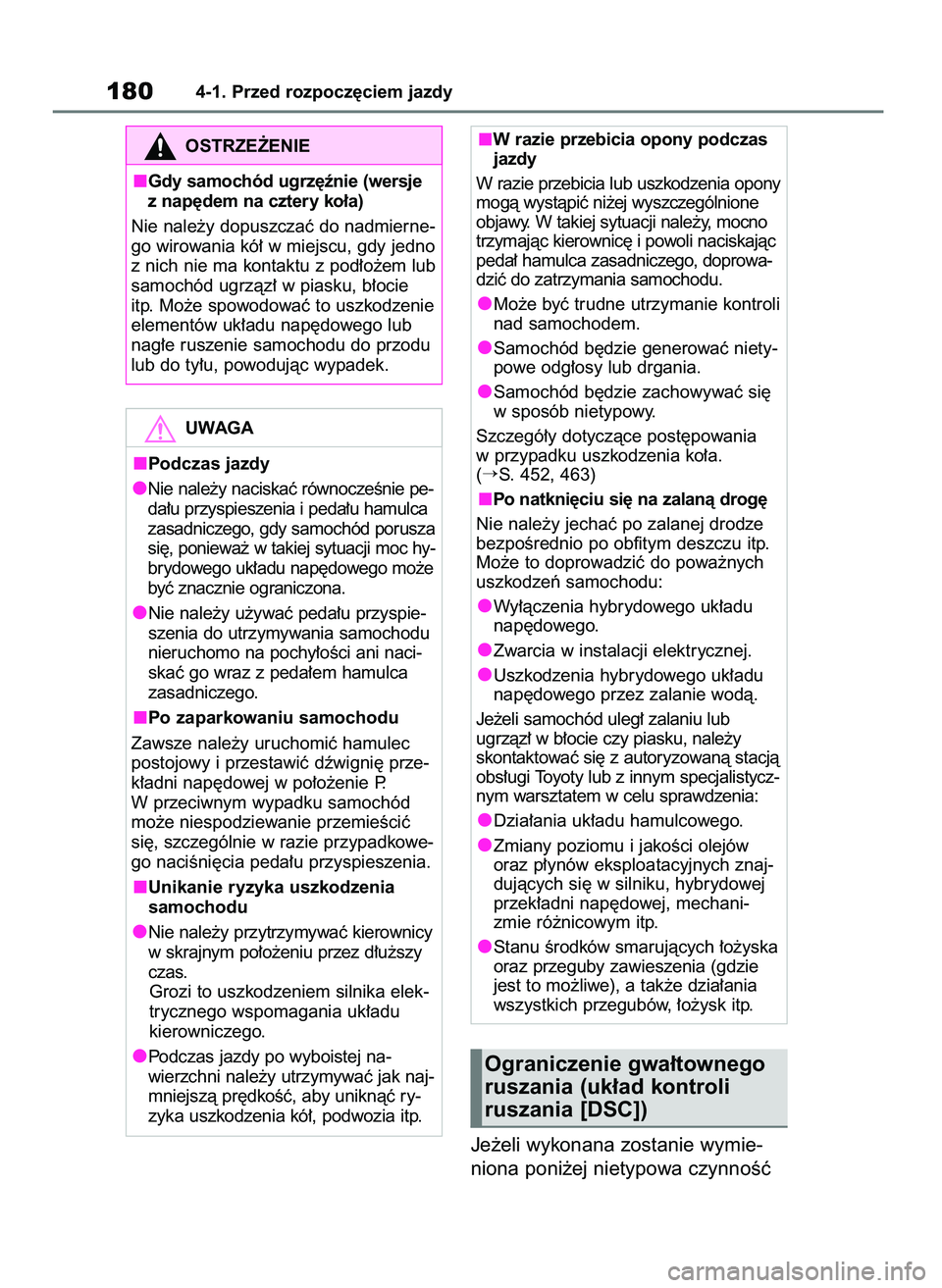 TOYOTA YARIS CROSS 2021  Instrukcja obsługi (in Polish) Je˝eli wykonana zostanie wymie-
niona poni˝ej nietypowa czynnoÊç
1804-1. Przed rozpocz´ciem jazdy
OSTRZE˚ENIE
Gdy samochód ugrz´ênie (wersje
z nap´dem na cztery ko∏a)
Nie nale˝y dopuszcza
