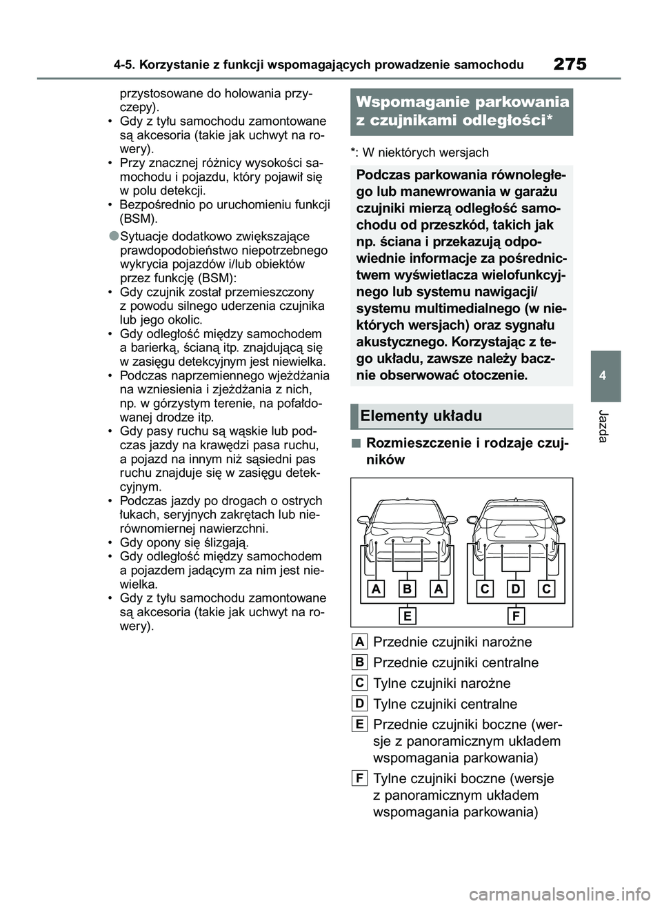 TOYOTA YARIS CROSS 2021 Instrukcja obsługi (in Polish) przystosowane do holowania przy-
czepy).
• Gdy z ty∏u samochodu zamontowane
sà akcesoria (takie jak uchwyt na ro-
wery).
• Przy znacznej ró˝nicy wysokoÊci sa-
mochodu i pojazdu, który poj TOYOTA YARIS CROSS 2021 Instrukcja obsługi (in Polish) przystosowane do holowania przy-
czepy).
• Gdy z ty∏u samochodu zamontowane
sà akcesoria (takie jak uchwyt na ro-
wery).
• Przy znacznej ró˝nicy wysokoÊci sa-
mochodu i pojazdu, który poj