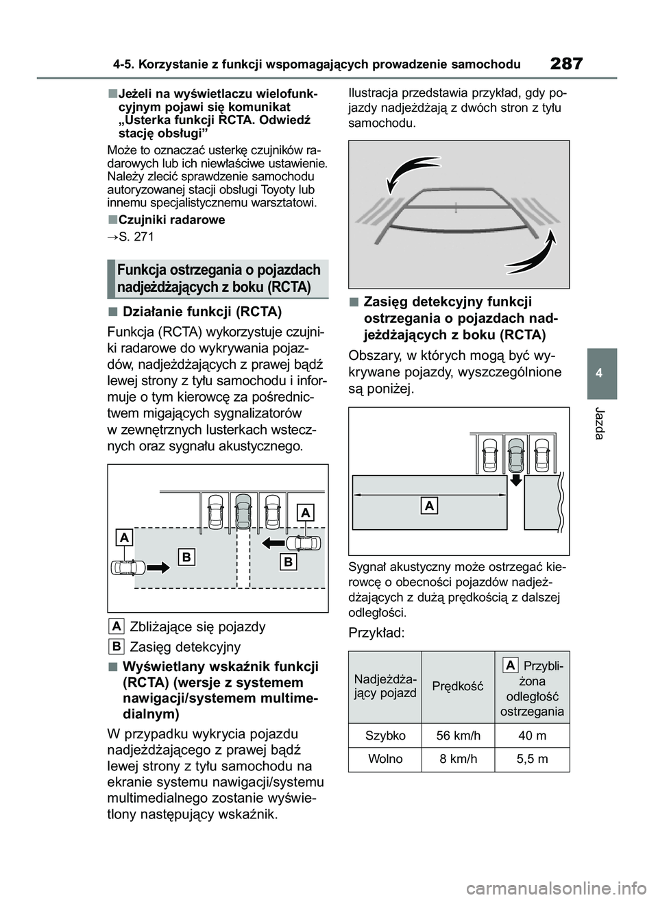 TOYOTA YARIS CROSS 2021  Instrukcja obsługi (in Polish) Je˝eli na wyÊwietlaczu wielofunk-
cyjnym pojawi si´ komunikat
„Usterka funkcji RCTA. Odwiedê
stacj´ obs∏ugi”
Mo˝e to oznaczaç usterk´ czujników ra-
darowych lub ich niew∏aÊciwe ustaw