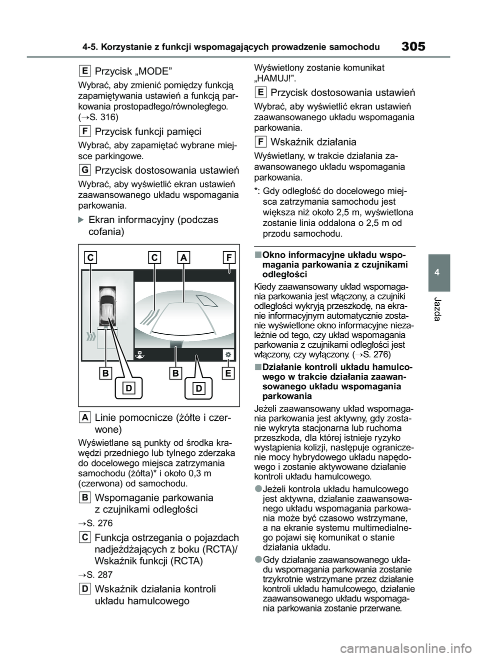 TOYOTA YARIS CROSS 2021  Instrukcja obsługi (in Polish) Przycisk „MODE”
Wybraç, aby zmieniç pomi´dzy funkcjà
zapami´tywania ustawieƒ a funkcjà par-
kowania prostopad∏ego/równoleg∏ego.
(
S. 316)
Przycisk funkcji pami´ci
Wybraç, aby zapami