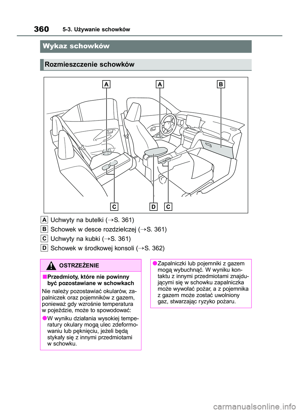 TOYOTA YARIS CROSS 2021  Instrukcja obsługi (in Polish) 3605-3. U˝ywanie schowków
Wykaz schowków
Rozmieszczenie schowków
Uchwyty na butelki (S. 361)
Schowek w desce rozdzielczej (
S. 361)
Uchwyty na kubki (
S. 361)
Schowek w Êrodkowej konsoli (
S.
