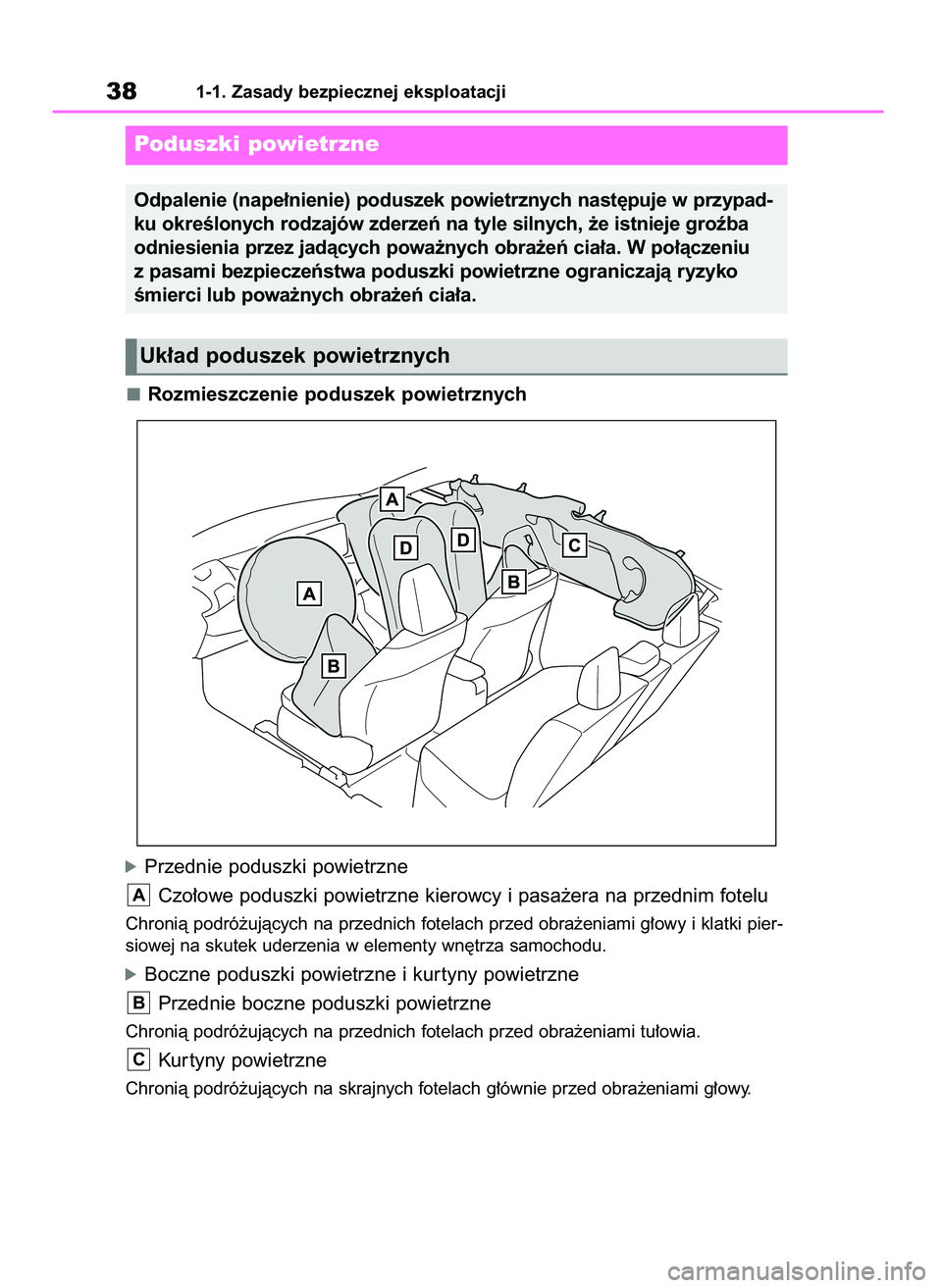 TOYOTA YARIS CROSS 2021  Instrukcja obsługi (in Polish) Rozmieszczenie poduszek powietrznych
óPrzednie poduszki powietrzne
Czo∏owe poduszki powietrzne kierowcy i pasa˝era na przednim fotelu
Chronià podró˝ujàcych na przednich fotelach przed obra˝en