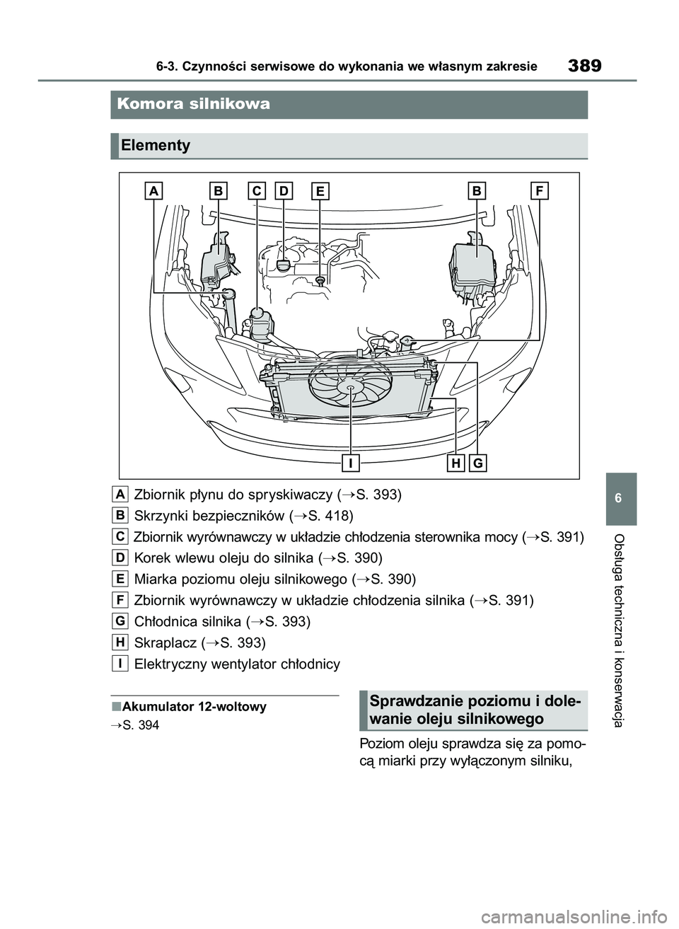 TOYOTA YARIS CROSS 2021  Instrukcja obsługi (in Polish) Akumulator 12-woltowy
S. 394
Poziom oleju sprawdza si´ za pomo-
cà miarki przy wy∏àczonym silniku,
Obs∏uga techniczna i konserwacja
6-3. CzynnoÊci serwisowe do wykonania we w∏asnym zakresie