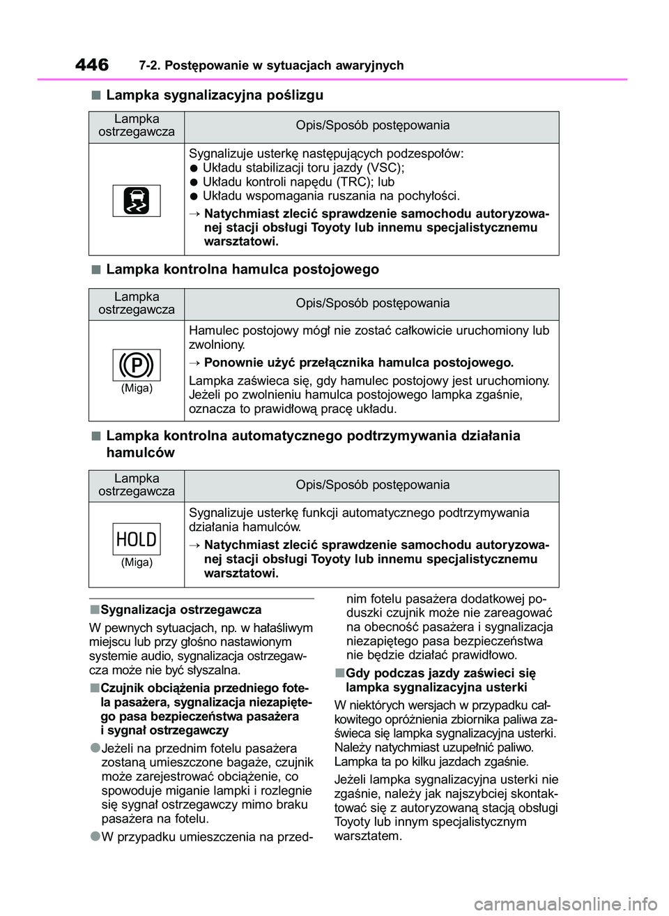 TOYOTA YARIS CROSS 2021  Instrukcja obsługi (in Polish) Sygnalizacja ostrzegawcza
W pewnych sytuacjach, np. w ha∏aÊliwym
miejscu lub przy g∏oÊno nastawionym
systemie audio, sygnalizacja ostrzegaw-
cza mo˝e nie byç s∏yszalna.
Czujnik obcià˝enia 