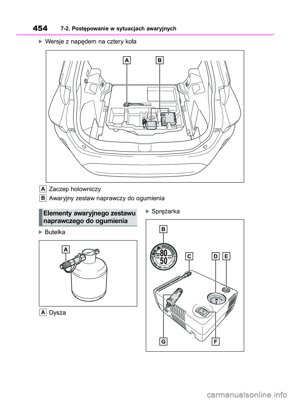 TOYOTA YARIS CROSS 2021  Instrukcja obsługi (in Polish) óButelka
Dysza
óSpr´˝arka
A
4547-2. Post´powanie w sytuacjach awaryjnych
óWersje z nap´dem na cztery ko∏a
Zaczep holowniczy
Awaryjny zestaw naprawczy do ogumienia
B
A
Elementy awaryjnego zest