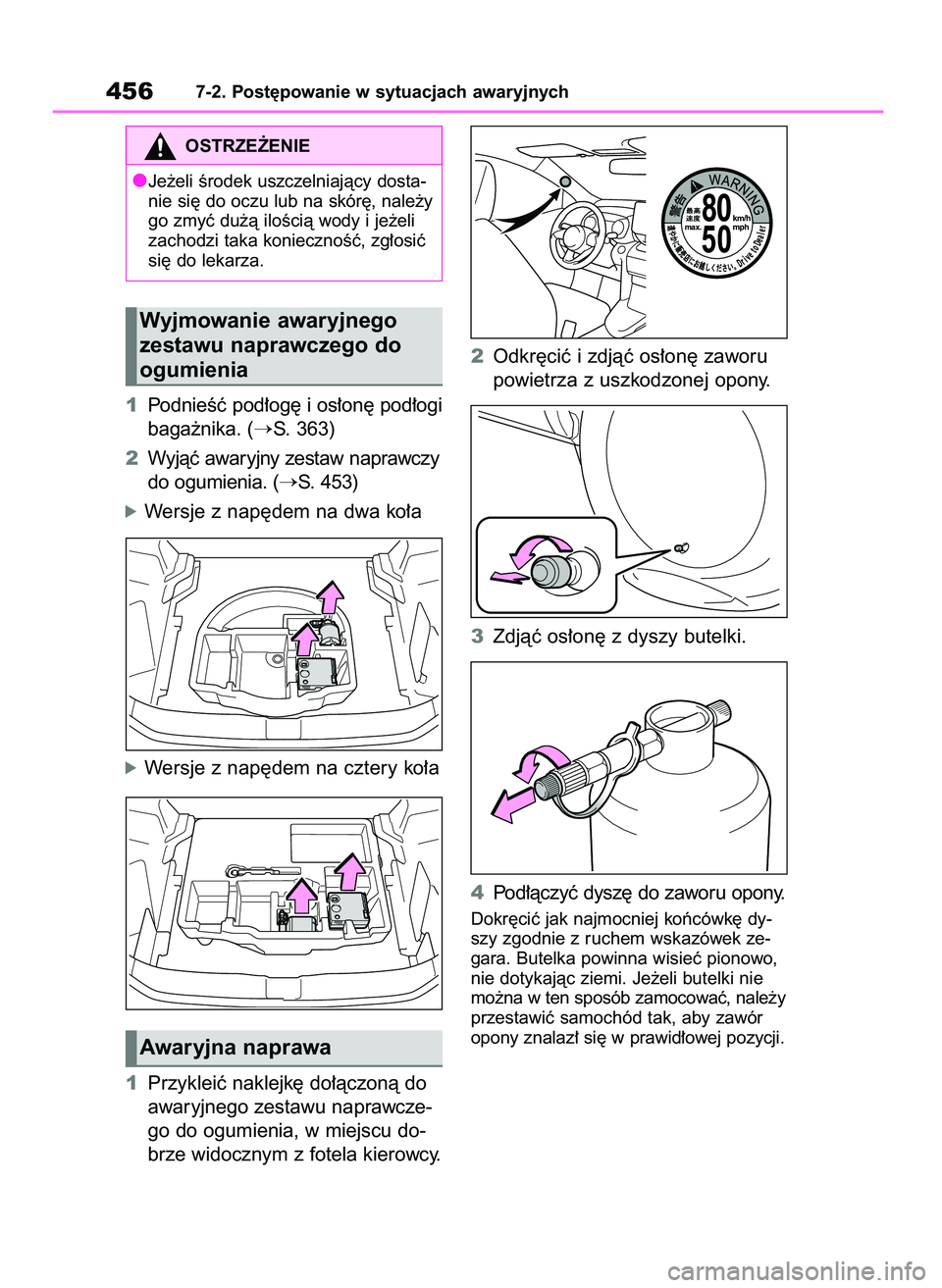 TOYOTA YARIS CROSS 2021  Instrukcja obsługi (in Polish) 1PodnieÊç pod∏og´ i os∏on´ pod∏ogi
baga˝nika. (
S. 363)
2Wyjàç awaryjny zestaw naprawczy
do ogumienia. (
S. 453)
óWersje z nap´dem na dwa ko∏a
óWersje z nap´dem na cztery ko∏a
1