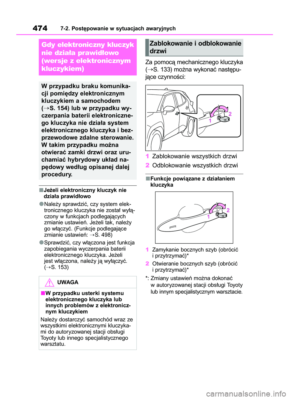 TOYOTA YARIS CROSS 2021  Instrukcja obsługi (in Polish) Je˝eli elektroniczny kluczyk nie
dzia∏a prawid∏owo
Nale˝y sprawdziç, czy system elek-
tronicznego kluczyka nie zosta∏ wy∏à-
czony w funkcjach podlegajàcych
zmianie ustawieƒ. Je˝eli tak,