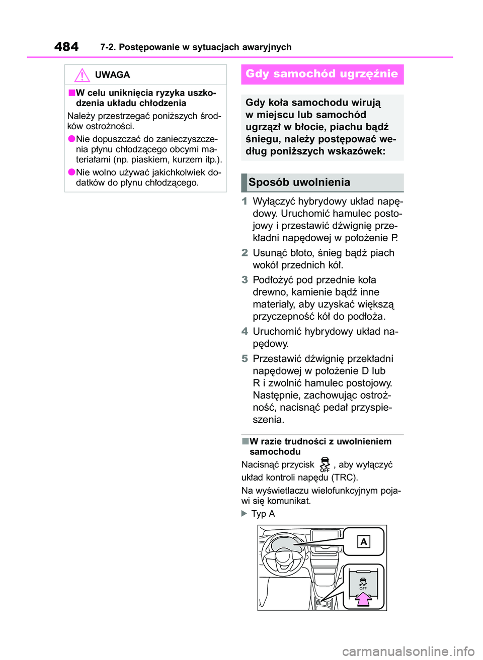 TOYOTA YARIS CROSS 2021  Instrukcja obsługi (in Polish) 1Wy∏àczyç hybrydowy uk∏ad nap´-
dowy. Uruchomiç hamulec posto-
jowy i przestawiç dêwigni´ prze-
k∏adni nap´dowej w po∏o˝enie P.
2Usunàç b∏oto, Ênieg bàdê piach
wokó∏ przedni