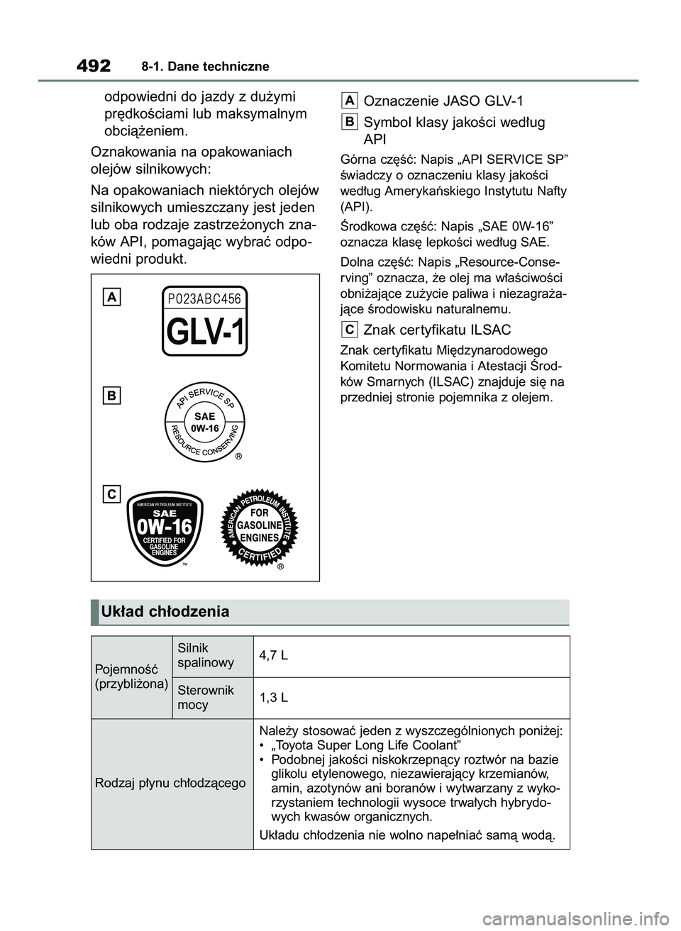 TOYOTA YARIS CROSS 2021 Instrukcja obsługi (in Polish) odpowiedni do jazdy z du˝ymi
pr´dkoÊciami lub maksymalnym
obcià˝eniem.
Oznakowania na opakowaniach
olejów silnikowych:
Na opakowaniach niektórych olejów
silnikowych umieszczany jest jeden
lub TOYOTA YARIS CROSS 2021 Instrukcja obsługi (in Polish) odpowiedni do jazdy z du˝ymi
pr´dkoÊciami lub maksymalnym
obcià˝eniem.
Oznakowania na opakowaniach
olejów silnikowych:
Na opakowaniach niektórych olejów
silnikowych umieszczany jest jeden
lub