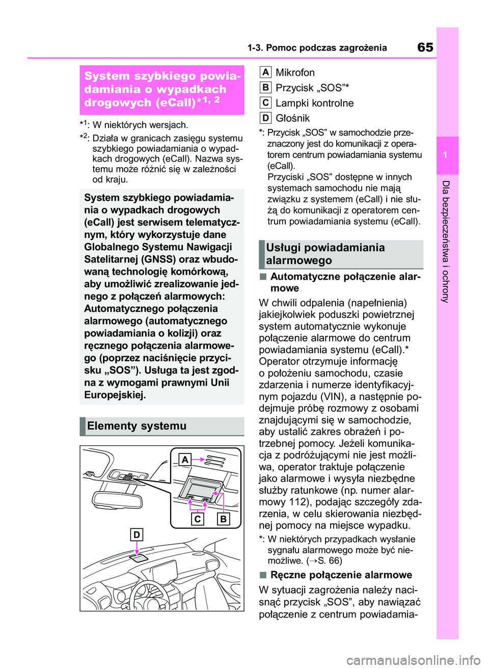 TOYOTA YARIS CROSS 2021  Instrukcja obsługi (in Polish) Dla bezpieczeƒstwa i ochrony
1-3. Pomoc podczas zagro˝enia65
1 *
1: W niektórych wersjach.
*2: Dzia∏a w granicach zasi´gu systemu
szybkiego powiadamiania o wypad-
kach drogowych (eCall). Nazwa s