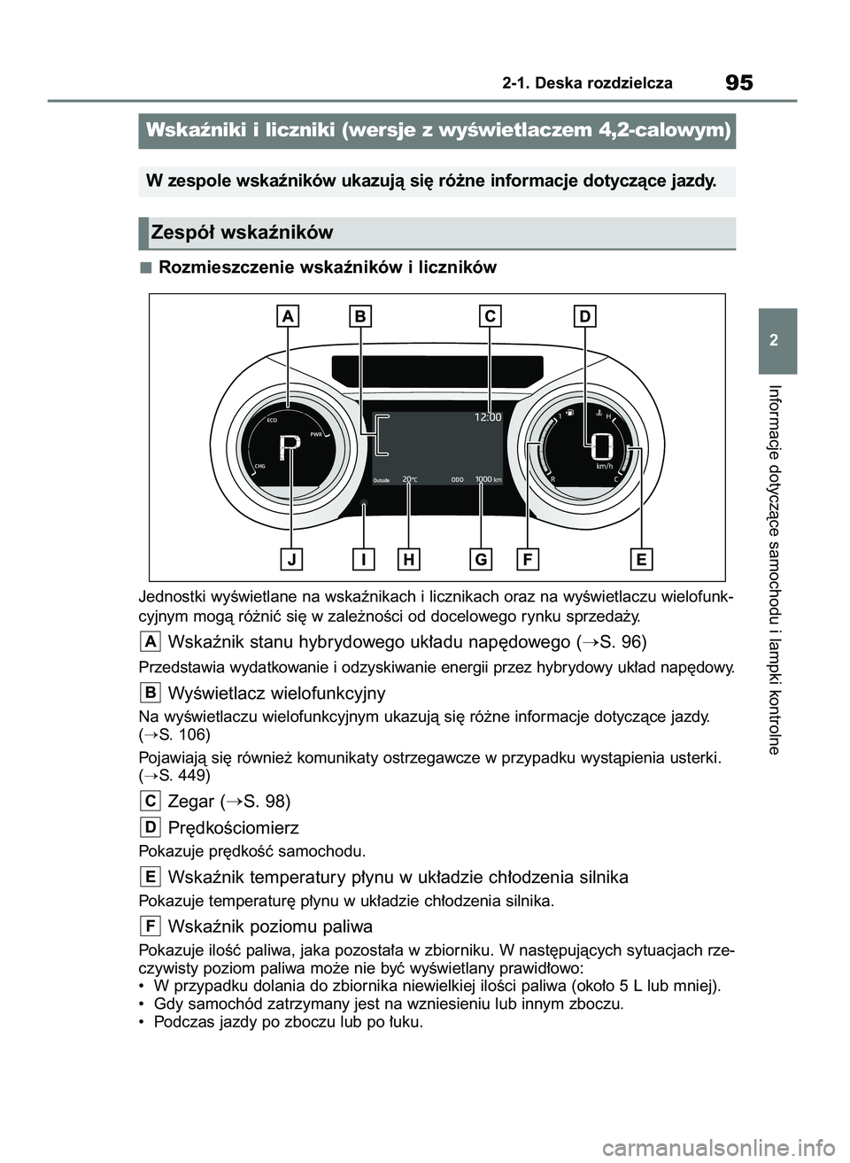 TOYOTA YARIS CROSS 2021  Instrukcja obsługi (in Polish) Rozmieszczenie wskaêników i liczników
Jednostki wyÊwietlane na wskaênikach i licznikach oraz na wyÊwietlaczu wielofunk-
cyjnym mogà ró˝niç si´ w zale˝noÊci od docelowego rynku sprzeda˝y.
