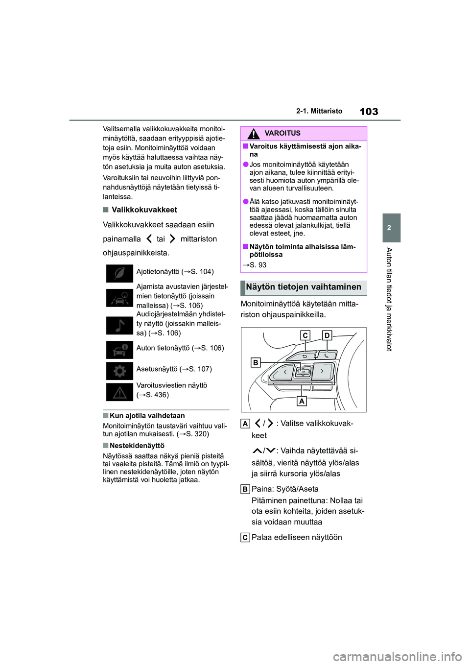 TOYOTA YARIS CROSS 2021 Omistajan Käsikirja (in Finnish) 103
2
YARIS CROSS Owners Manual_Europe_OM52K60FI
2-1. Mittaristo
Auton tilan tiedot ja merkkivalot
Valitsemalla valikkokuvakkeita monitoi-
minäytöltä, saadaan erityyppisiä ajotie-
toja esiin. Mon TOYOTA YARIS CROSS 2021 Omistajan Käsikirja (in Finnish) 103
2
YARIS CROSS Owners Manual_Europe_OM52K60FI
2-1. Mittaristo
Auton tilan tiedot ja merkkivalot
Valitsemalla valikkokuvakkeita monitoi-
minäytöltä, saadaan erityyppisiä ajotie-
toja esiin. Mon