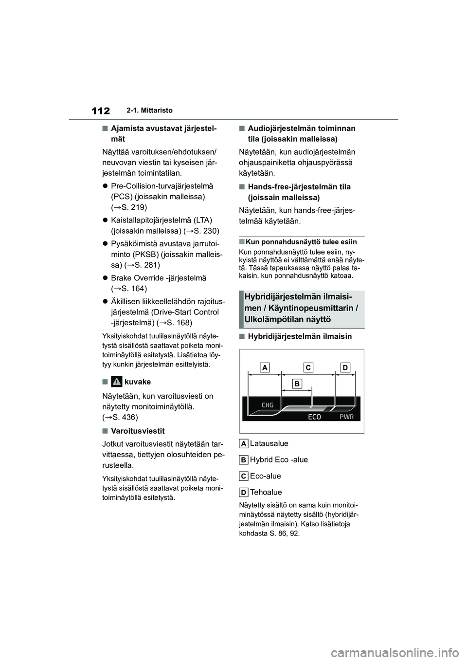 TOYOTA YARIS CROSS 2021 Omistajan Käsikirja (in Finnish) 112
YARIS CROSS Owners Manual_Europe_OM52K60FI
2-1. Mittaristo
nAjamista avustavat järjestel-
mät
Näyttää varoituksen/ehdotuksen/
neuvovan viestin tai kyseisen jär-
jestelmän to imintatilan.
TOYOTA YARIS CROSS 2021 Omistajan Käsikirja (in Finnish) 112
YARIS CROSS Owners Manual_Europe_OM52K60FI
2-1. Mittaristo
nAjamista avustavat järjestel-
mät
Näyttää varoituksen/ehdotuksen/
neuvovan viestin tai kyseisen jär-
jestelmän to imintatilan.