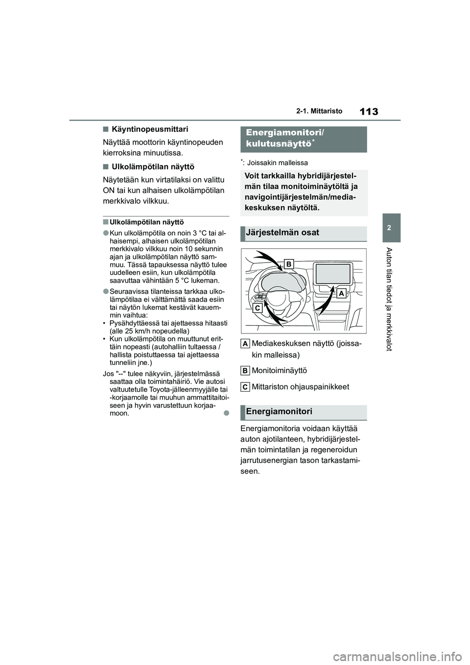 TOYOTA YARIS CROSS 2021 Omistajan Käsikirja (in Finnish) 113
2
YARIS CROSS Owners Manual_Europe_OM52K60FI
2-1. Mittaristo
Auton tilan tiedot ja merkkivalot
nKäyntinopeusmittari
Näyttää moottorin käyntinopeuden
kierroksina minuutissa.
nUlkolämpötila TOYOTA YARIS CROSS 2021 Omistajan Käsikirja (in Finnish) 113
2
YARIS CROSS Owners Manual_Europe_OM52K60FI
2-1. Mittaristo
Auton tilan tiedot ja merkkivalot
nKäyntinopeusmittari
Näyttää moottorin käyntinopeuden
kierroksina minuutissa.
nUlkolämpötila