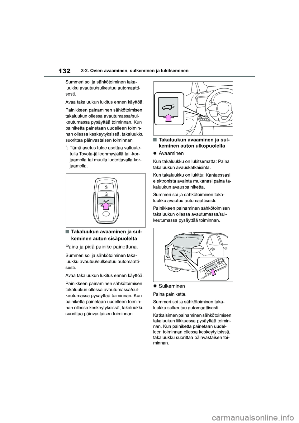 TOYOTA YARIS CROSS 2021  Omistajan Käsikirja (in Finnish) 132
YARIS CROSS Owners Manual_Europe_OM52K60FI
3-2. Ovien avaaminen, sulkeminen ja lukitseminen
Summeri soi ja sähkötoiminen taka-
luukku avautuu/sulkeutuu automaatti-
sesti.
Avaa takaluukun lukitu