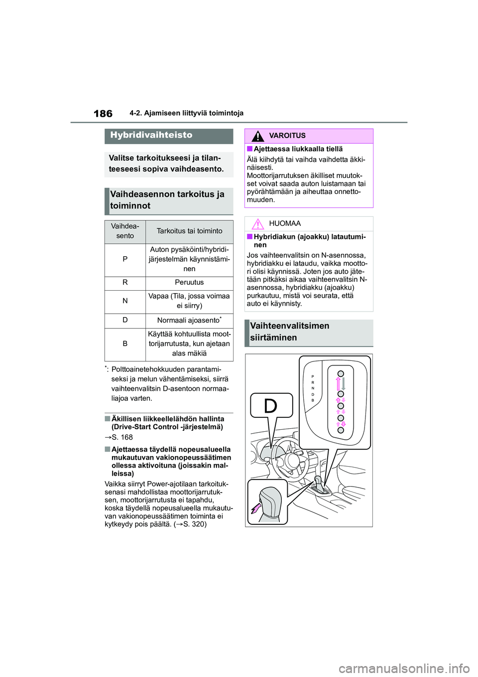 TOYOTA YARIS CROSS 2021 Omistajan Käsikirja (in Finnish) 186
YARIS CROSS Owners Manual_Europe_OM52K60FI
4-2. Ajamiseen liittyviä toimintoja
*: Polttoainetehokkuuden parantami-seksi ja melun vähentämiseksi, siirrä
vaihteenvalitsin D-asentoon normaa-
li TOYOTA YARIS CROSS 2021 Omistajan Käsikirja (in Finnish) 186
YARIS CROSS Owners Manual_Europe_OM52K60FI
4-2. Ajamiseen liittyviä toimintoja
*: Polttoainetehokkuuden parantami-seksi ja melun vähentämiseksi, siirrä
vaihteenvalitsin D-asentoon normaa-
li