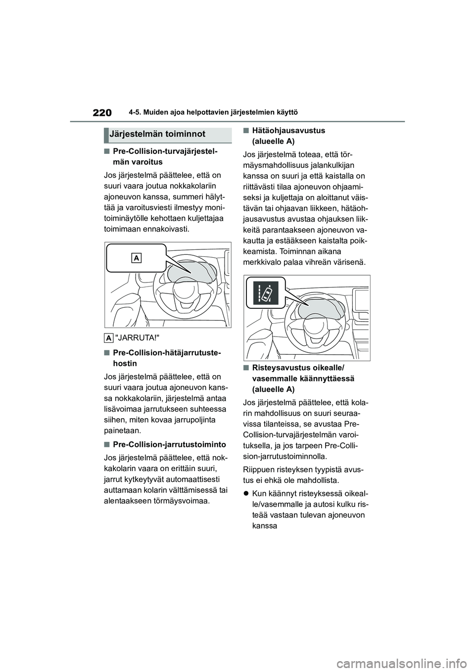 TOYOTA YARIS CROSS 2021 Omistajan Käsikirja (in Finnish) 220
YARIS CROSS Owners Manual_Europe_OM52K60FI
4-5. Muiden ajoa helpottavien järjestelmien käyttö
nPre-Collision-turvajärjestel-
män varoitus
Jos järjestelmä päättelee, että on
suuri vaara TOYOTA YARIS CROSS 2021 Omistajan Käsikirja (in Finnish) 220
YARIS CROSS Owners Manual_Europe_OM52K60FI
4-5. Muiden ajoa helpottavien järjestelmien käyttö
nPre-Collision-turvajärjestel-
män varoitus
Jos järjestelmä päättelee, että on
suuri vaara