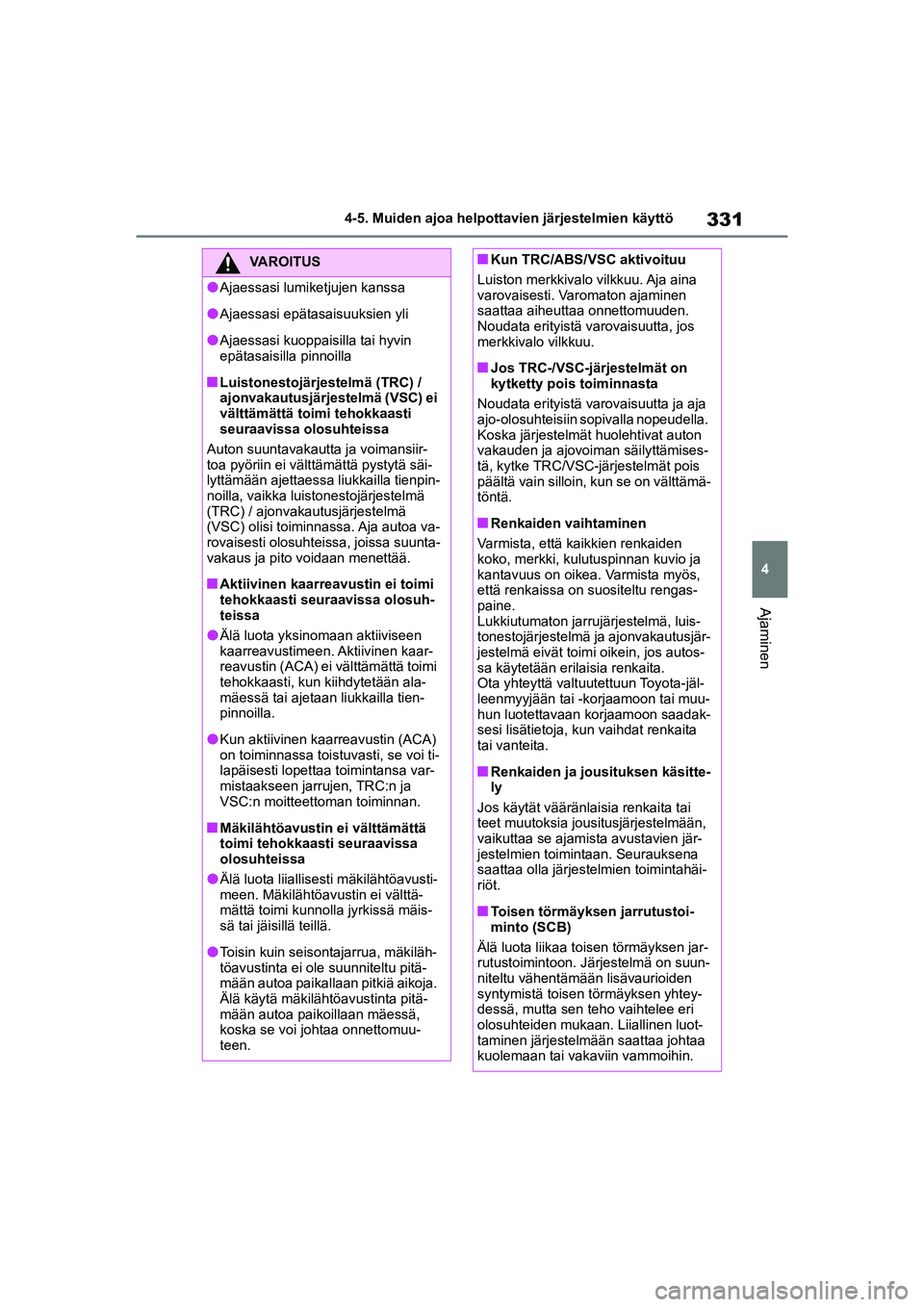 TOYOTA YARIS CROSS 2021  Omistajan Käsikirja (in Finnish) 331
4
YARIS CROSS Owners Manual_Europe_OM52K60FI
4-5. Muiden ajoa helpottavien järjestelmien käyttö
Ajaminen
VAROITUS
lAjaessasi lumiketjujen kanssa
lAjaessasi epätasaisuuksien yli
lAjaessasi kuo