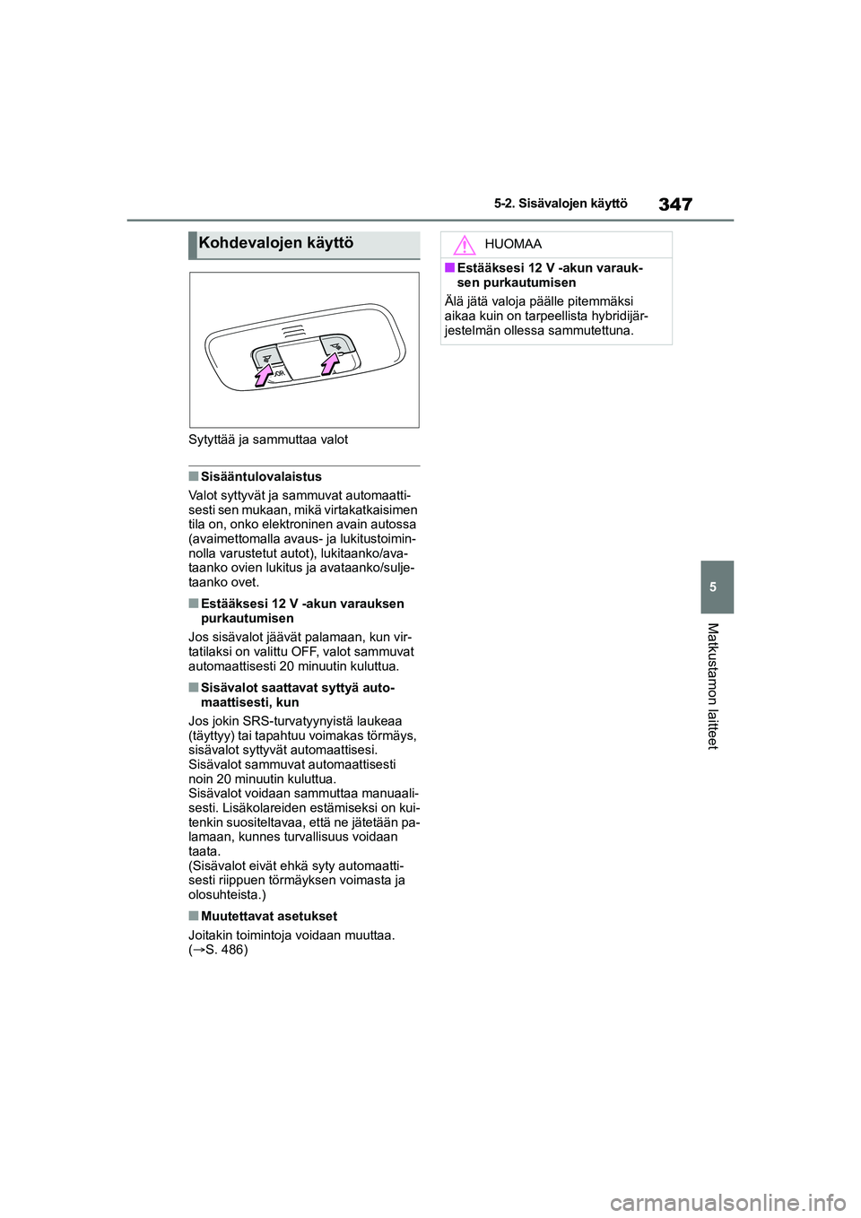 TOYOTA YARIS CROSS 2021  Omistajan Käsikirja (in Finnish) 347
5
YARIS CROSS Owners Manual_Europe_OM52K60FI
5-2. Sisävalojen käyttö
Matkustamon laitteet
Sytyttää ja sammuttaa valot
nSisääntulovalaistus
Valot syttyvät ja sammuvat automaatti-
sesti sen