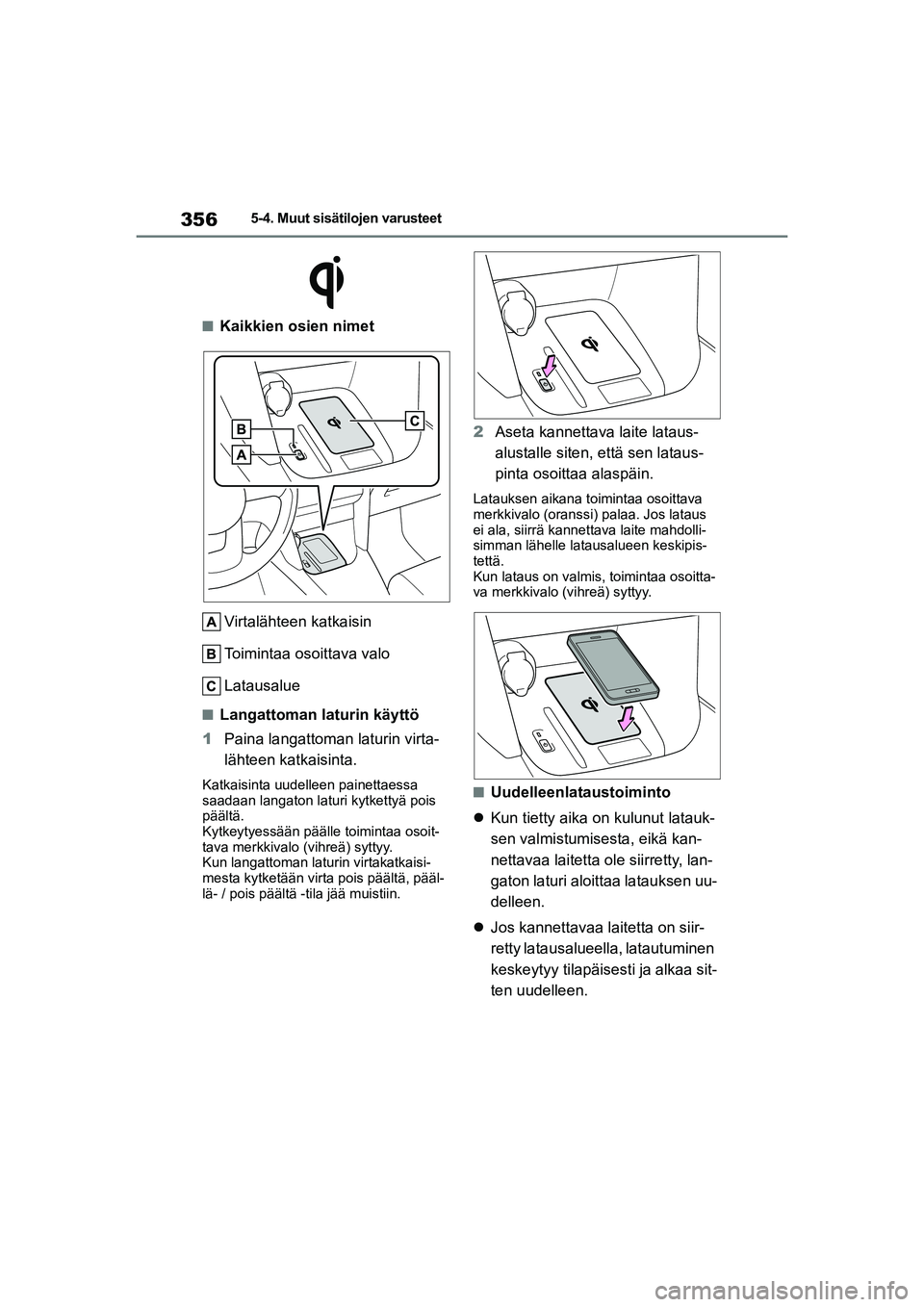 TOYOTA YARIS CROSS 2021  Omistajan Käsikirja (in Finnish) 356
YARIS CROSS Owners Manual_Europe_OM52K60FI
5-4. Muut sisätilojen varusteet
nKaikkien osien nimetVirtalähteen katkaisin
Toimintaa osoittava valo
Latausalue
nLangattoman laturin käyttö
1 Paina 
