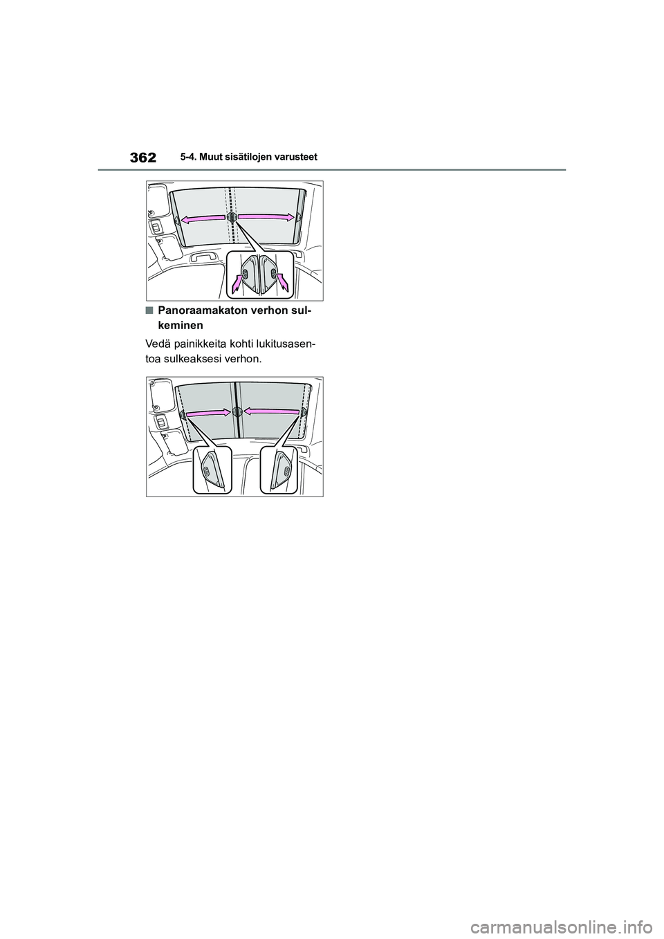 TOYOTA YARIS CROSS 2021  Omistajan Käsikirja (in Finnish) 362
YARIS CROSS Owners Manual_Europe_OM52K60FI
5-4. Muut sisätilojen varusteet
nPanoraamakaton verhon sul-
keminen
Vedä painikkeita kohti lukitusasen-
toa sulkeaksesi verhon.
OM52K60FI.book  Page 3