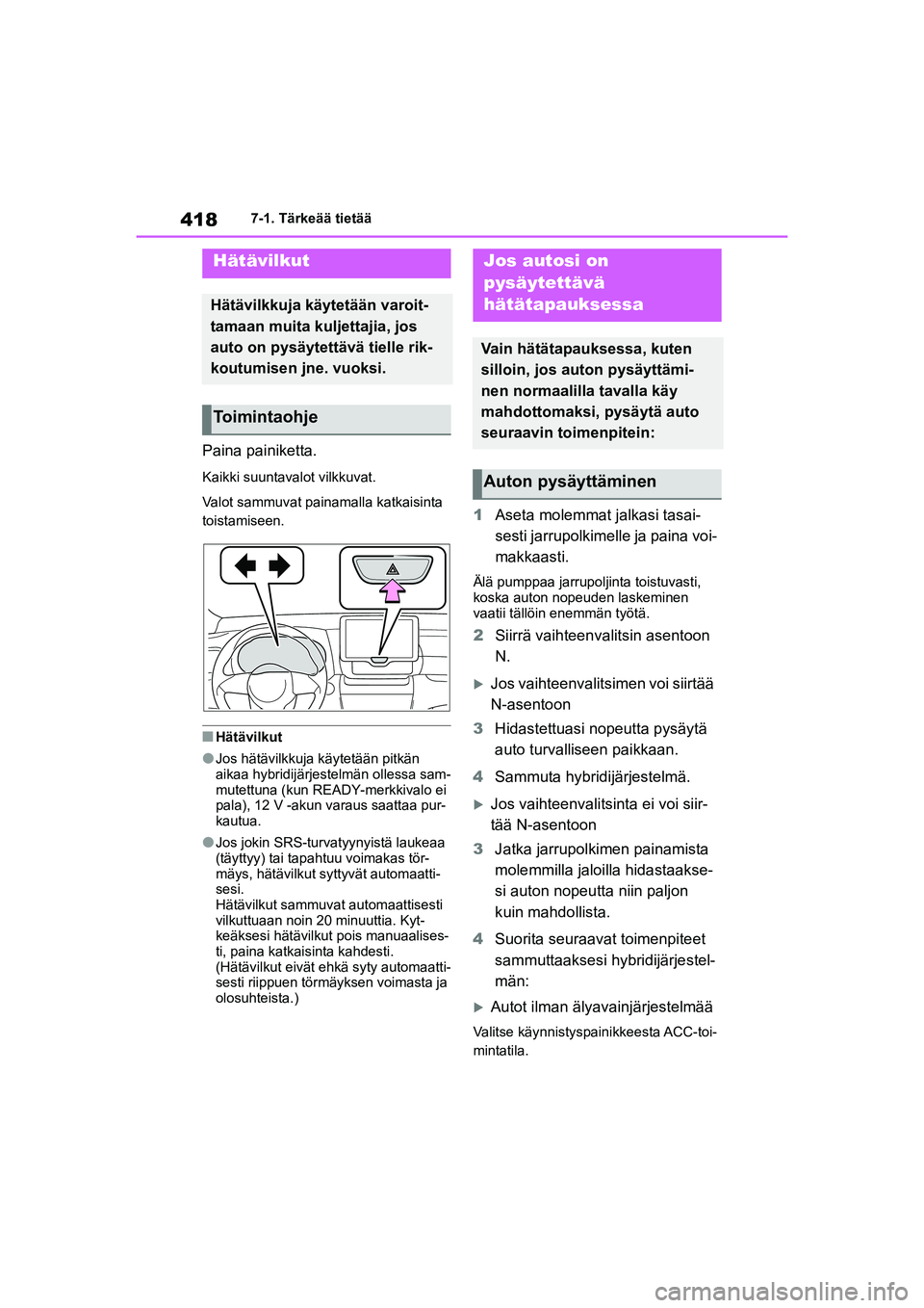 TOYOTA YARIS CROSS 2021 Omistajan Käsikirja (in Finnish) 418
YARIS CROSS Owners Manual_Europe_OM52K60FI
7-1. Tärkeää tietää
7-1.Tärkeää tietää
Paina painiketta.
Kaikki suuntavalot vilkkuvat.
Valot sammuvat painamalla katkaisinta
toistamiseen.
nH TOYOTA YARIS CROSS 2021 Omistajan Käsikirja (in Finnish) 418
YARIS CROSS Owners Manual_Europe_OM52K60FI
7-1. Tärkeää tietää
7-1.Tärkeää tietää
Paina painiketta.
Kaikki suuntavalot vilkkuvat.
Valot sammuvat painamalla katkaisinta
toistamiseen.
nH