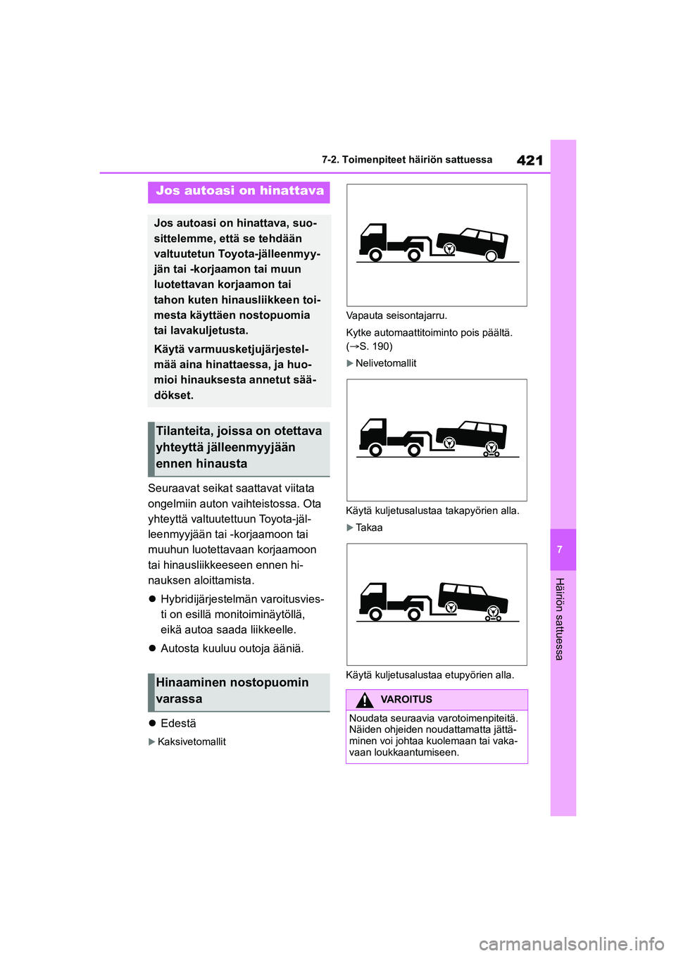 TOYOTA YARIS CROSS 2021  Omistajan Käsikirja (in Finnish) 421
7
YARIS CROSS Owners Manual_Europe_OM52K60FI
7-2. Toimenpiteet häiriön sattuessa
Häiriön sattuessa
7-2.Toimenpiteet häiriön sattuessa
Seuraavat seikat saattavat viitata 
ongelmiin auton vai