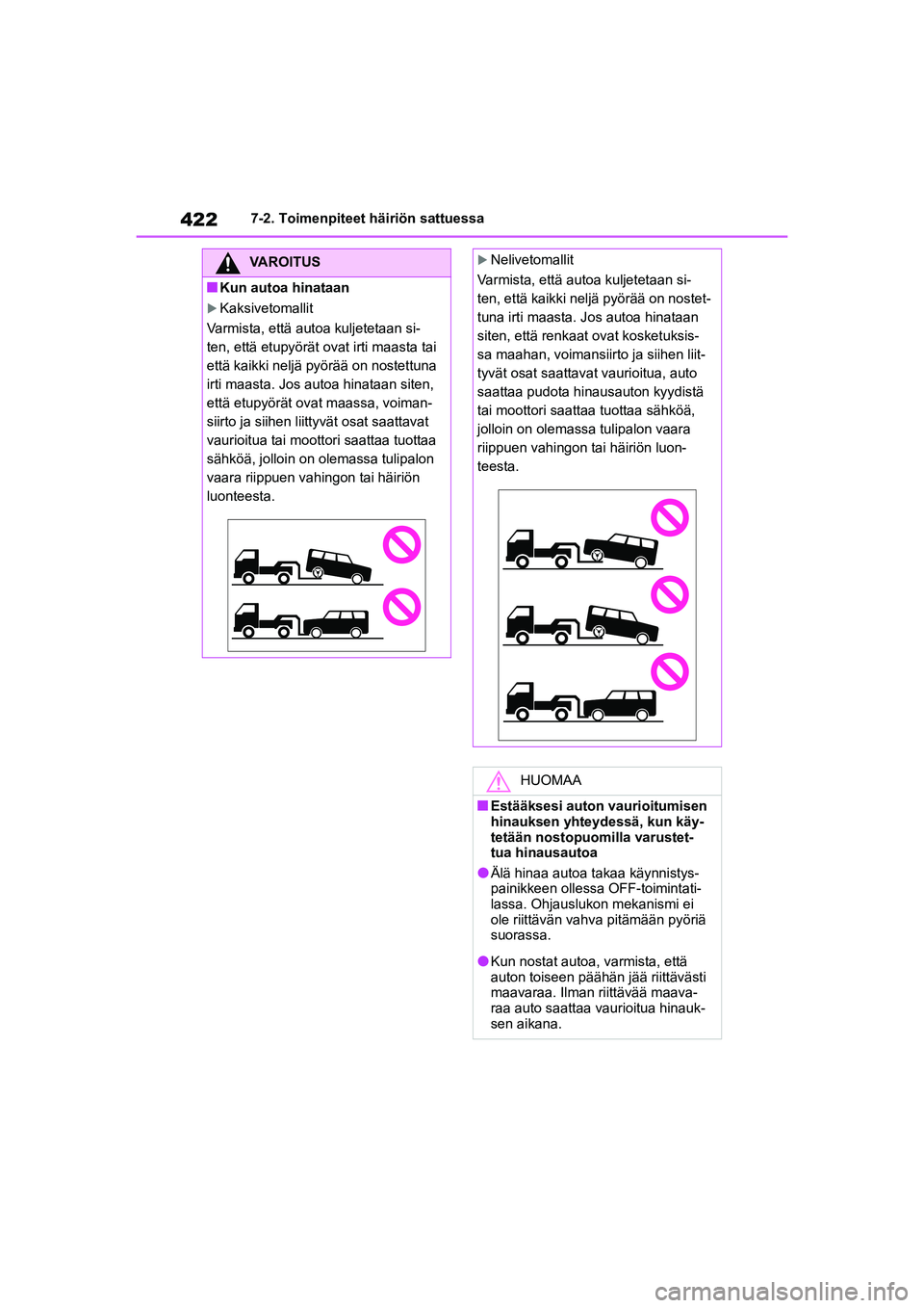 TOYOTA YARIS CROSS 2021  Omistajan Käsikirja (in Finnish) 422
YARIS CROSS Owners Manual_Europe_OM52K60FI
7-2. Toimenpiteet häiriön sattuessa
VAROITUS
nKun autoa hinataan
Kaksivetomallit
Varmista, että autoa kuljetetaan si-
ten, että etupyörät ovat 
