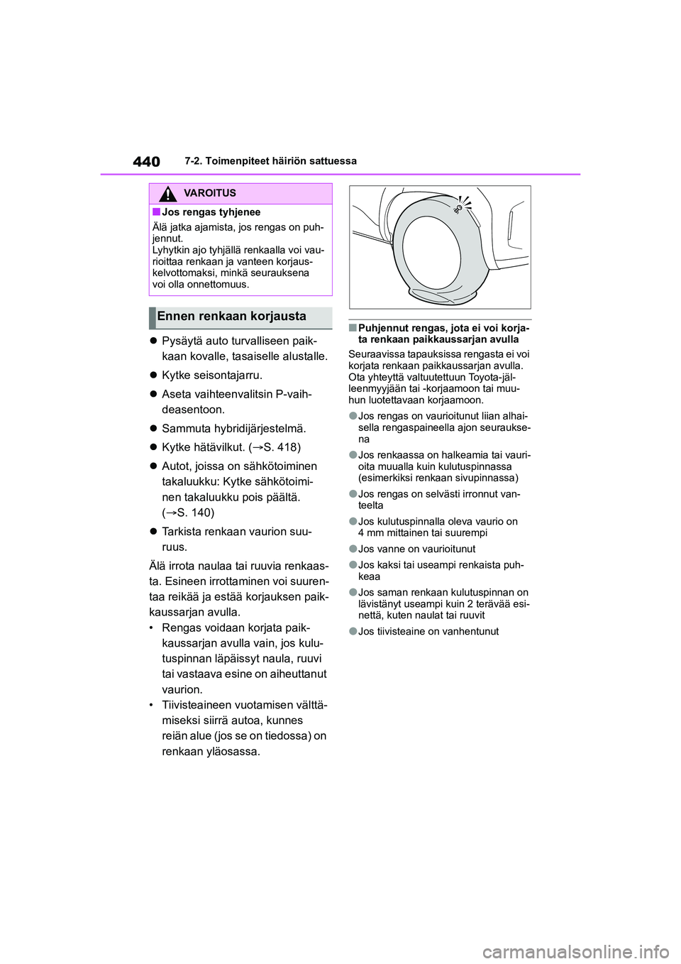 TOYOTA YARIS CROSS 2021 Omistajan Käsikirja (in Finnish) 440
YARIS CROSS Owners Manual_Europe_OM52K60FI
7-2. Toimenpiteet häiriön sattuessa
Pysäytä auto turvalliseen paik-
kaan kovalle, tasaiselle alustalle.
Kytke seisontajarru.
Aseta vaihte TOYOTA YARIS CROSS 2021 Omistajan Käsikirja (in Finnish) 440
YARIS CROSS Owners Manual_Europe_OM52K60FI
7-2. Toimenpiteet häiriön sattuessa
Pysäytä auto turvalliseen paik-
kaan kovalle, tasaiselle alustalle.
Kytke seisontajarru.
Aseta vaihte