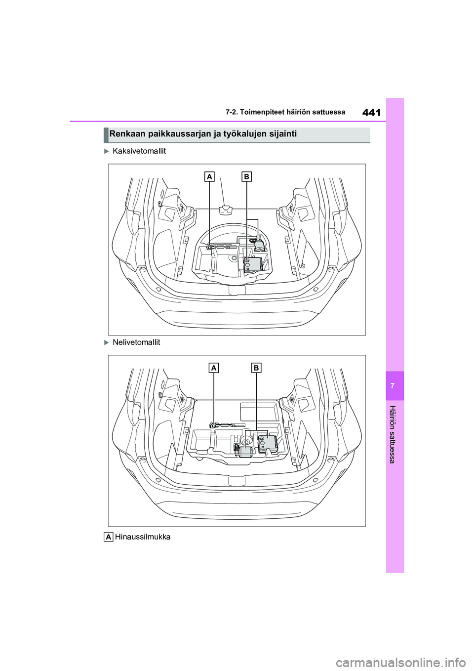 TOYOTA YARIS CROSS 2021 Omistajan Käsikirja (in Finnish) 441
7
YARIS CROSS Owners Manual_Europe_OM52K60FI
7-2. Toimenpiteet häiriön sattuessa
Häiriön sattuessa
Kaksivetomallit
NelivetomallitHinaussilmukka
Renkaan paikkaussarjan ja työkalujen sij TOYOTA YARIS CROSS 2021 Omistajan Käsikirja (in Finnish) 441
7
YARIS CROSS Owners Manual_Europe_OM52K60FI
7-2. Toimenpiteet häiriön sattuessa
Häiriön sattuessa
Kaksivetomallit
NelivetomallitHinaussilmukka
Renkaan paikkaussarjan ja työkalujen sij