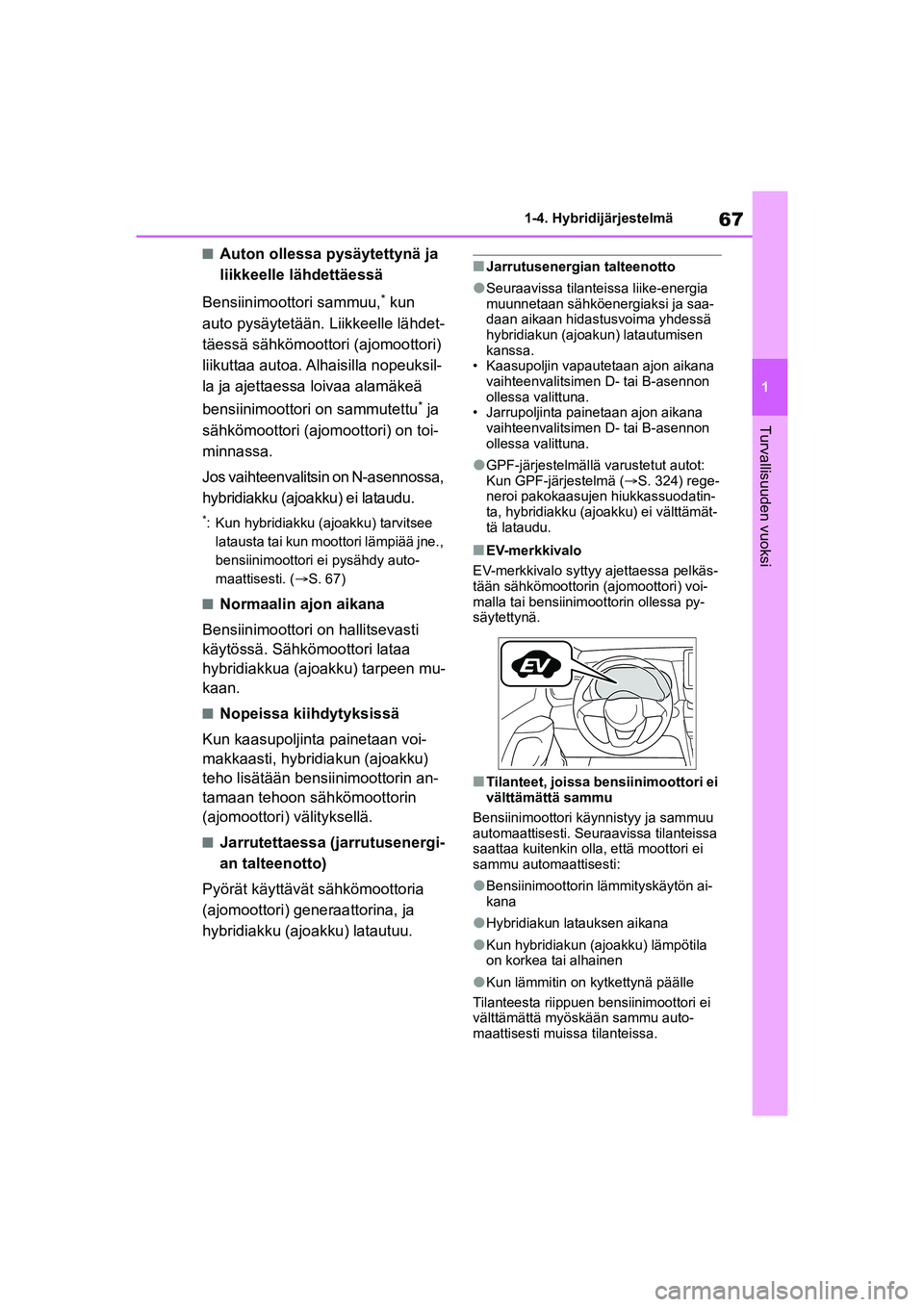 TOYOTA YARIS CROSS 2021 Omistajan Käsikirja (in Finnish) 67
1
YARIS CROSS Owners Manual_Europe_OM52K60FI
1-4. Hybridijärjestelmä
Turvallisuuden vuoksi
nAuton ollessa pysäytettynä ja
liikkeelle lähdettäessä
Bensiinimoottori sammuu,
* kun
auto pysä TOYOTA YARIS CROSS 2021 Omistajan Käsikirja (in Finnish) 67
1
YARIS CROSS Owners Manual_Europe_OM52K60FI
1-4. Hybridijärjestelmä
Turvallisuuden vuoksi
nAuton ollessa pysäytettynä ja
liikkeelle lähdettäessä
Bensiinimoottori sammuu,
* kun
auto pysä