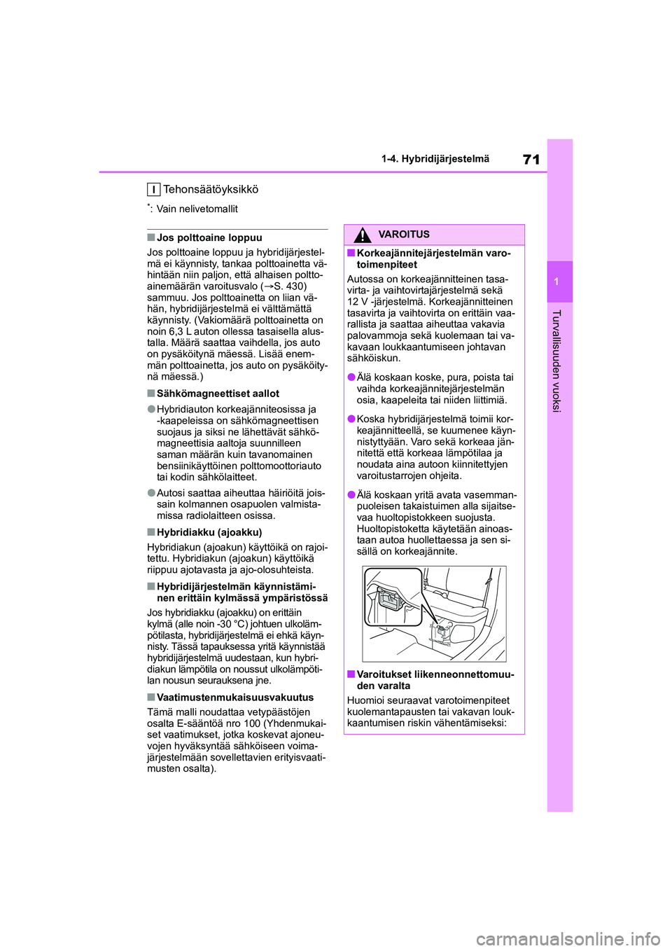 TOYOTA YARIS CROSS 2021 Omistajan Käsikirja (in Finnish) 71
1
YARIS CROSS Owners Manual_Europe_OM52K60FI
1-4. Hybridijärjestelmä
Turvallisuuden vuoksi
Tehonsäätöyksikkö
*: Vain nelivetomallit
nJos polttoaine loppuu
Jos polttoaine loppuu ja hybridijä TOYOTA YARIS CROSS 2021 Omistajan Käsikirja (in Finnish) 71
1
YARIS CROSS Owners Manual_Europe_OM52K60FI
1-4. Hybridijärjestelmä
Turvallisuuden vuoksi
Tehonsäätöyksikkö
*: Vain nelivetomallit
nJos polttoaine loppuu
Jos polttoaine loppuu ja hybridijä
