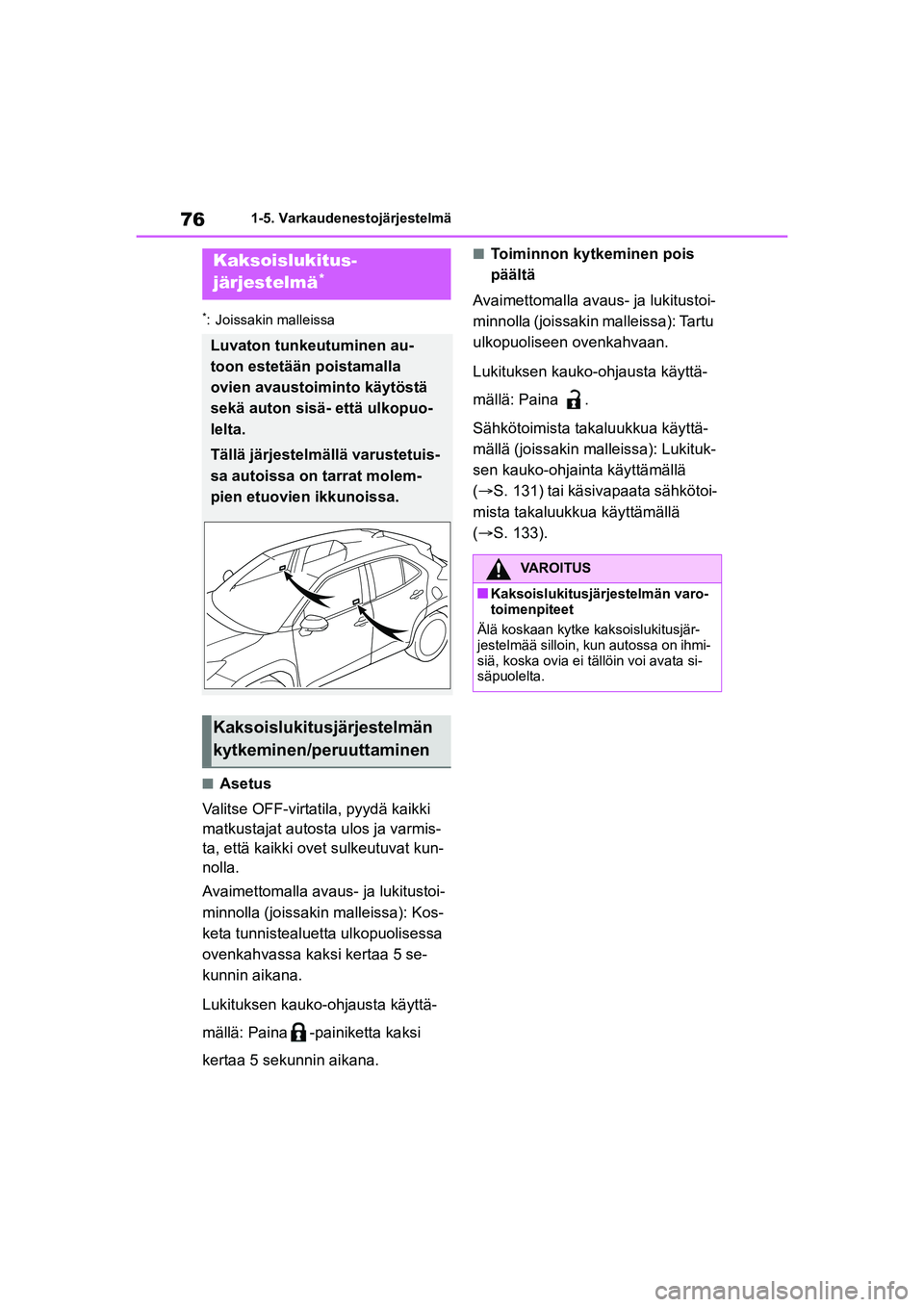 TOYOTA YARIS CROSS 2021 Omistajan Käsikirja (in Finnish) 76
YARIS CROSS Owners Manual_Europe_OM52K60FI
1-5. Varkaudenestojärjestelmä
*: Joissakin malleissa
nAsetus
Valitse OFF-virtatila, pyydä kaikki
matkustajat autosta ulos ja varmis-
ta, että kaikki TOYOTA YARIS CROSS 2021 Omistajan Käsikirja (in Finnish) 76
YARIS CROSS Owners Manual_Europe_OM52K60FI
1-5. Varkaudenestojärjestelmä
*: Joissakin malleissa
nAsetus
Valitse OFF-virtatila, pyydä kaikki
matkustajat autosta ulos ja varmis-
ta, että kaikki