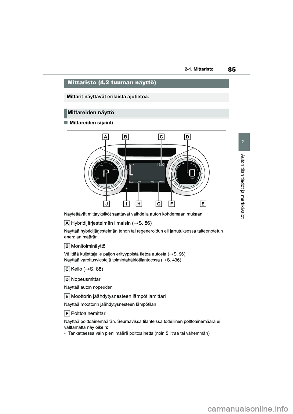TOYOTA YARIS CROSS 2021 Omistajan Käsikirja (in Finnish) 85
2
YARIS CROSS Owners Manual_Europe_OM52K60FI
2-1. Mittaristo
Auton tilan tiedot ja merkkivalot
nMittareiden sijainti
Näytettävät mittayksiköt saattavat vaihdella auton kohdemaan mukaan.
Hybri TOYOTA YARIS CROSS 2021 Omistajan Käsikirja (in Finnish) 85
2
YARIS CROSS Owners Manual_Europe_OM52K60FI
2-1. Mittaristo
Auton tilan tiedot ja merkkivalot
nMittareiden sijainti
Näytettävät mittayksiköt saattavat vaihdella auton kohdemaan mukaan.
Hybri