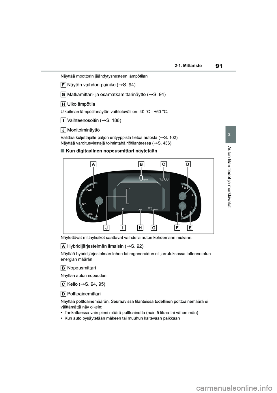 TOYOTA YARIS CROSS 2021 Omistajan Käsikirja (in Finnish) 91
2
YARIS CROSS Owners Manual_Europe_OM52K60FI
2-1. Mittaristo
Auton tilan tiedot ja merkkivalot
Näyttää moottorin jäähdytysnesteen lämpötilan
Näytön vaihdon painike (S. 94)
Matkamittari TOYOTA YARIS CROSS 2021 Omistajan Käsikirja (in Finnish) 91
2
YARIS CROSS Owners Manual_Europe_OM52K60FI
2-1. Mittaristo
Auton tilan tiedot ja merkkivalot
Näyttää moottorin jäähdytysnesteen lämpötilan
Näytön vaihdon painike (S. 94)
Matkamittari