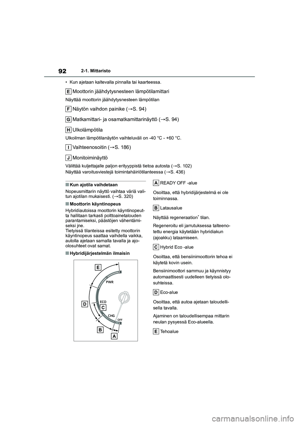 TOYOTA YARIS CROSS 2021 Omistajan Käsikirja (in Finnish) 92
YARIS CROSS Owners Manual_Europe_OM52K60FI
2-1. Mittaristo
• Kun ajetaan kaltevalla pinnalla tai kaarteessa.
Moottorin jäähdytysnesteen lämpötilamittari
Näyttää moottorin jäähdytysneste TOYOTA YARIS CROSS 2021 Omistajan Käsikirja (in Finnish) 92
YARIS CROSS Owners Manual_Europe_OM52K60FI
2-1. Mittaristo
• Kun ajetaan kaltevalla pinnalla tai kaarteessa.
Moottorin jäähdytysnesteen lämpötilamittari
Näyttää moottorin jäähdytysneste