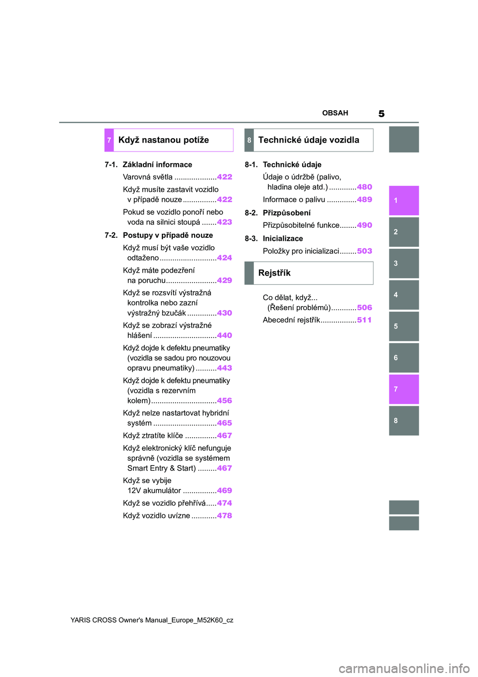 TOYOTA YARIS CROSS 2021  Návod na použití (in Czech) 5
YARIS CROSS Owner's Manual_Europe_M52K60_cz
OBSAH
1
6 5
4
3
2
8
7
7-1. Základní informace
Varovná světla ....................422
Když musíte zastavit vozidlo 
v případě nouze ..........
