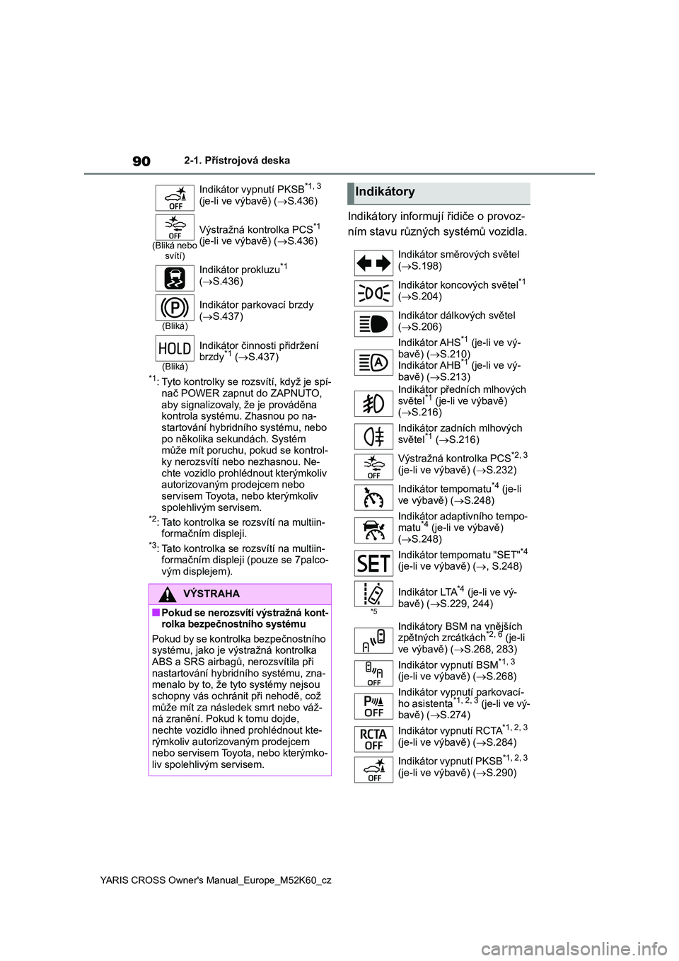 TOYOTA YARIS CROSS 2021  Návod na použití (in Czech) 90
YARIS CROSS Owner's Manual_Europe_M52K60_cz
2-1. Přístrojová deska
*1: Tyto kontrolky se rozsvítí, když je spí- 
nač POWER zapnut  do ZAPNUTO,  
aby signalizovaly, že je prováděna  k